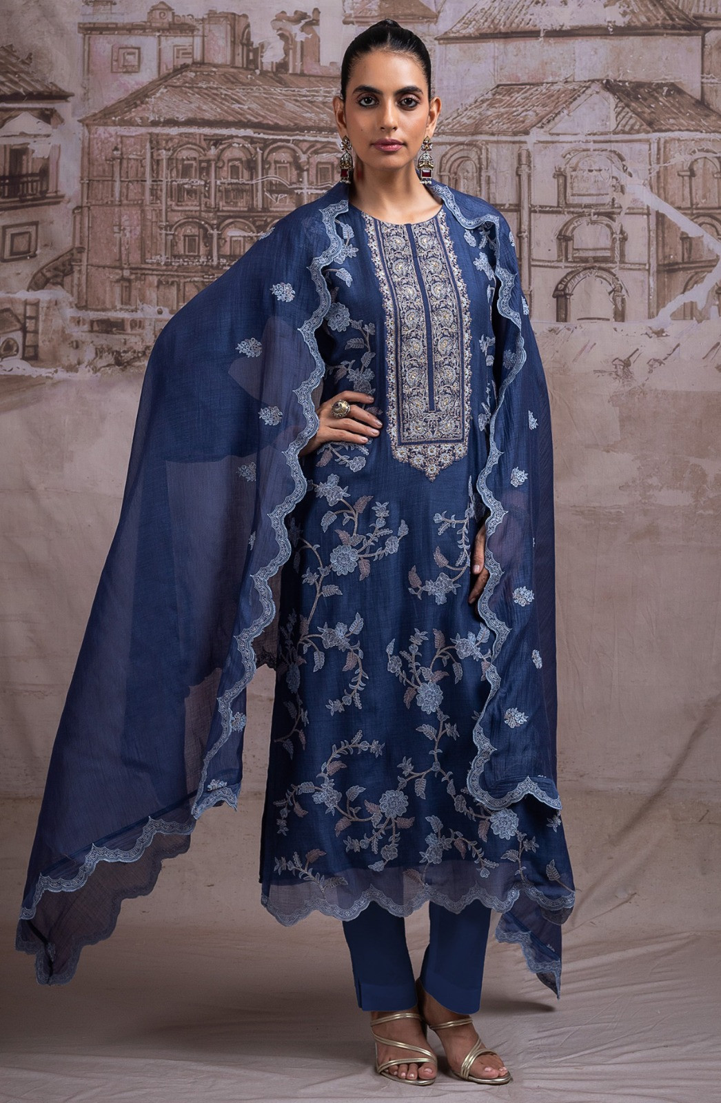 Blue Pure Mul Chanderi Beautiful Unstitched Suit with Dupatta - R157-SPR2732