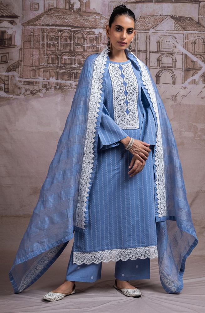 Image of Blue Mul Chanderi Beautiful Unstitched Suit with Dupatta - R157-SPR2741