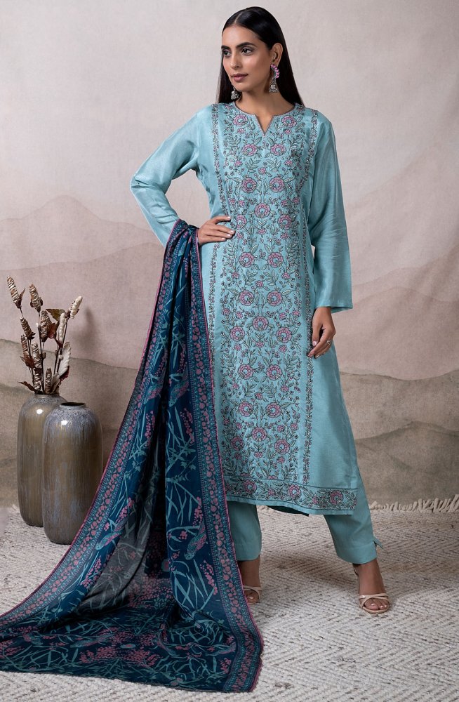Firozi Blue Fancy Crush Embroidered Festive Salwar Suit