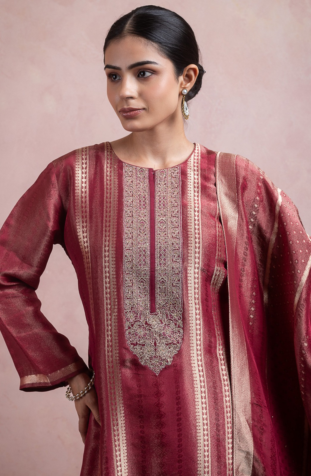 Red Tissue Silk Jacquard Suit Set with Dupatta - R157-SPR2459
