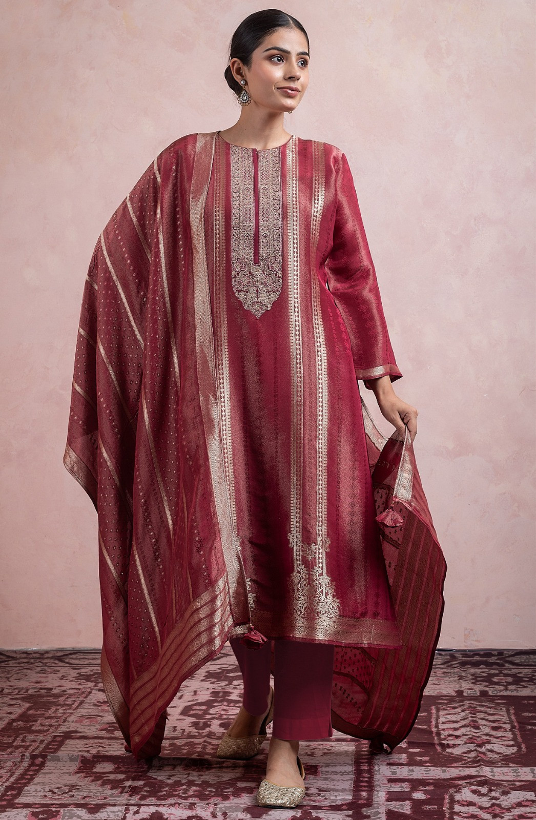 Red Tissue Silk Jacquard Suit Set with Dupatta - R157-SPR2459