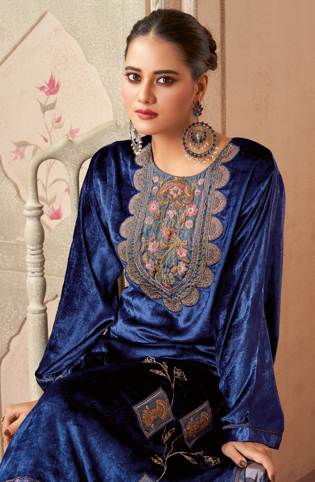 Blue Designer Pure Velvet Embroidered Salwar Kameez - MUG780