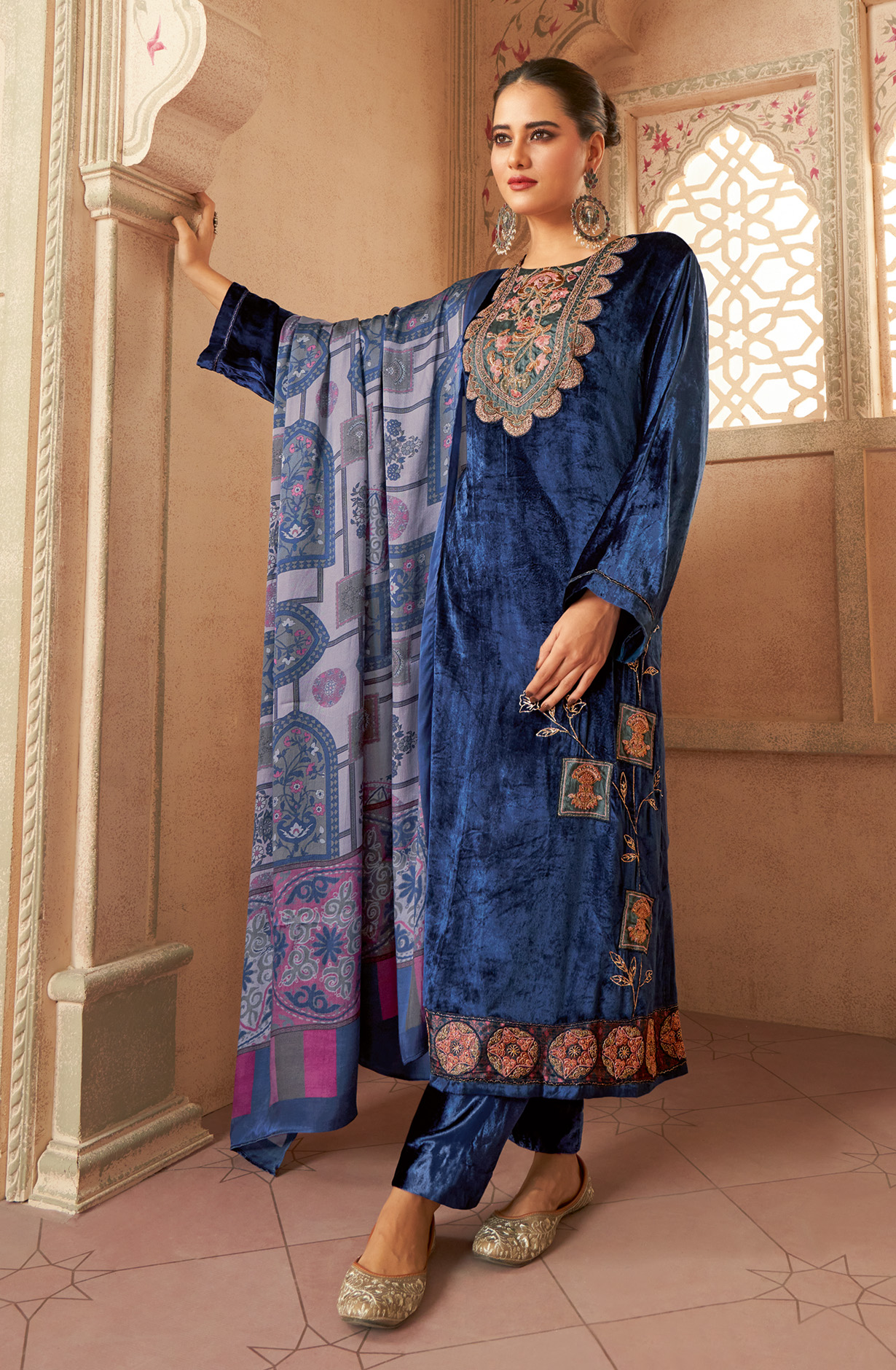Blue Designer Pure Velvet Embroidered Salwar Kameez - MUG780