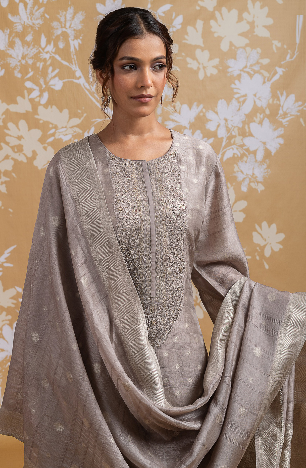 Grey Raw Silk Jacquard Suit Set with Dupatta - R157-SPR2590B