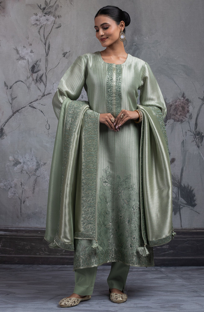 Image of Green Ziraf Silk Jacquard Suit Set with Dupatta - R157-SPR2422A