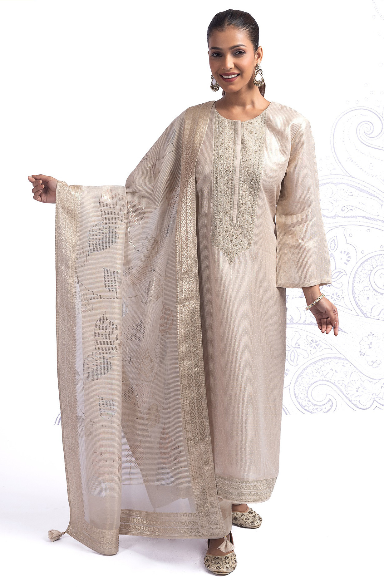 Beige Tissue Silk Jacquard Suit Set with Dupatta - R157-SPR2566