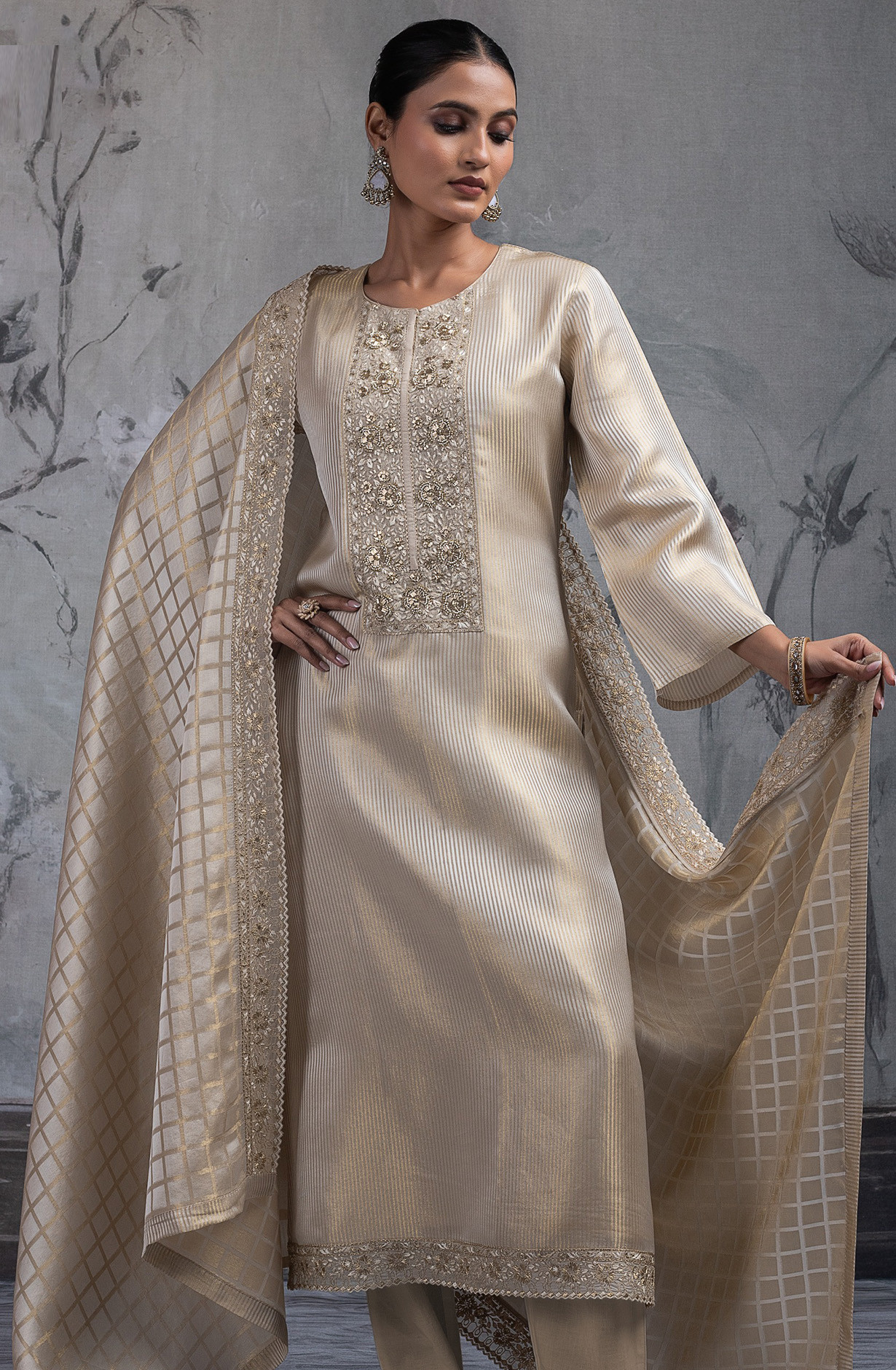 Beige Tissue Silk Jacquard Suit Set with Dupatta - R157-SPR2543
