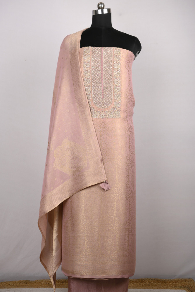 Image of Pink Silk Jacquard Suit Set with Beautiful Dupatta - R157-SPR2387B