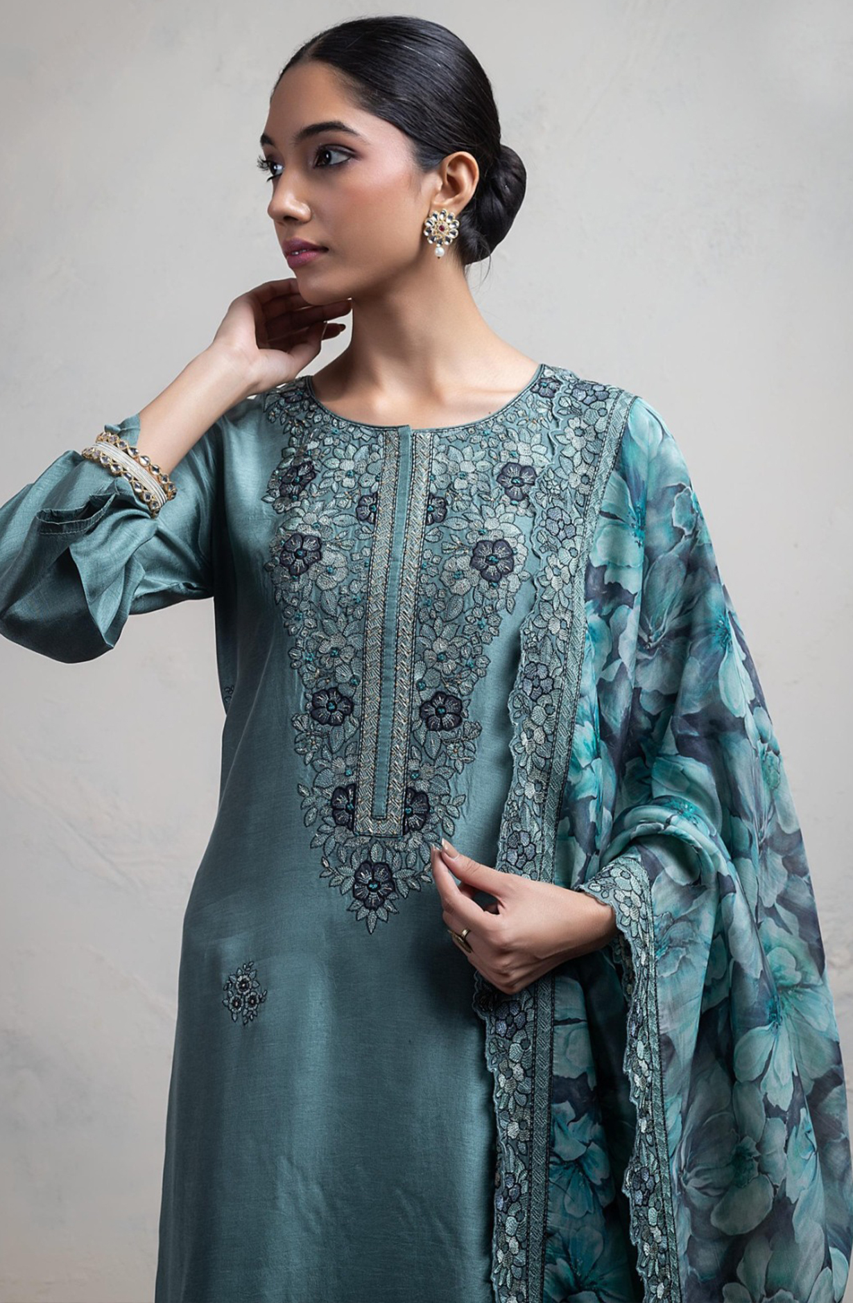 Green Silk Suit Set with Organza Silk Dupatta - R157-SPR2410