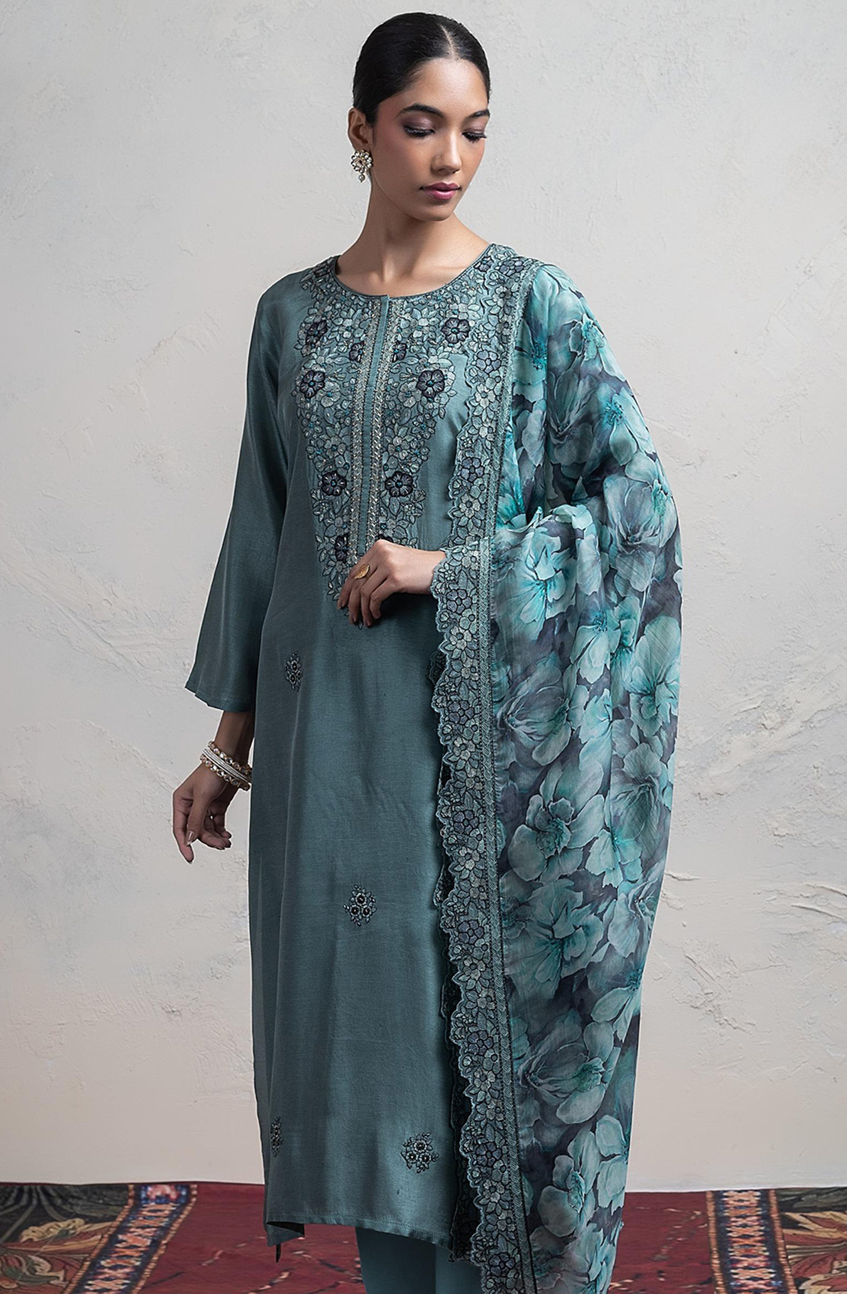 Green Silk Suit Set with Organza Silk Dupatta - R157-SPR2410