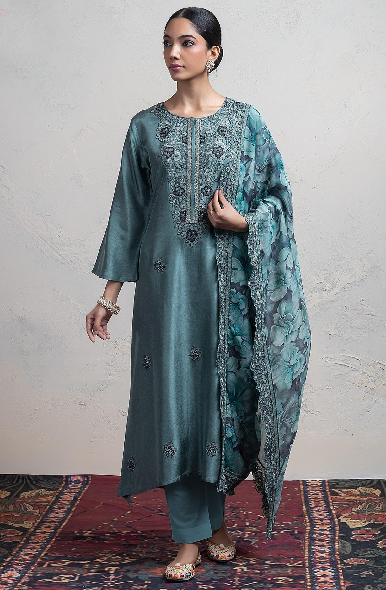 Green Silk Suit Set with Organza Silk Dupatta - R157-SPR2410