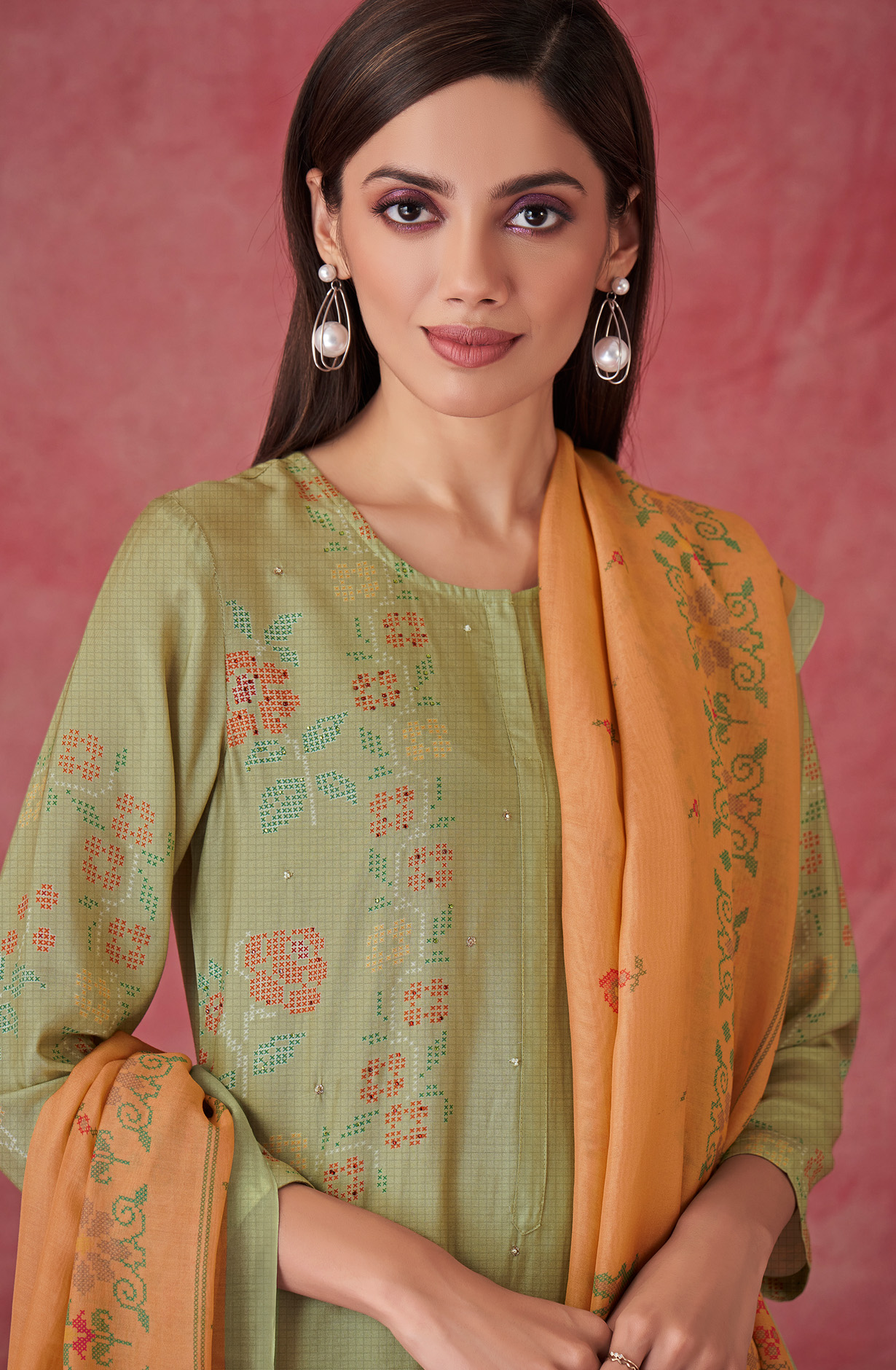 Parrot Green Muslin Silk Digital Printed Suit with Organza Dupatta - CRO779