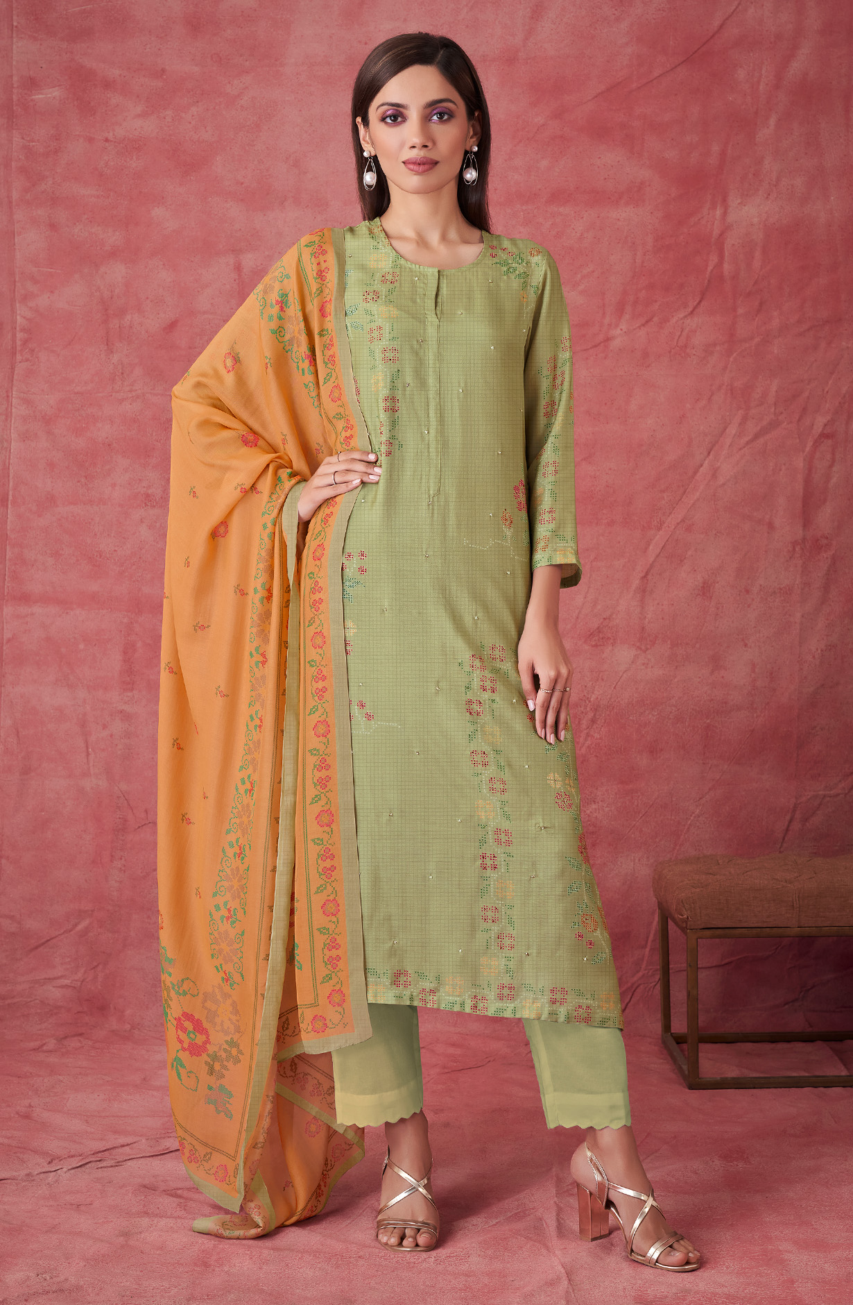 Parrot Green Muslin Silk Digital Printed Suit with Organza Dupatta - CRO779