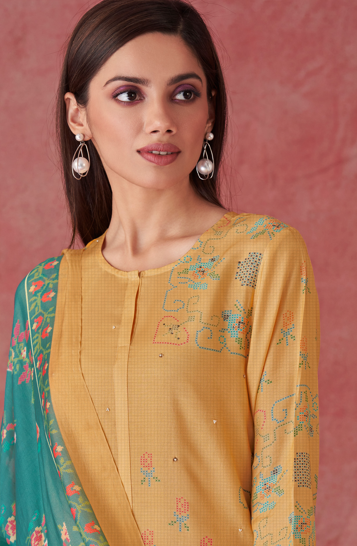 Mustard Yellow Muslin Silk Digital Printed Suit with Organza Dupatta - CRO726