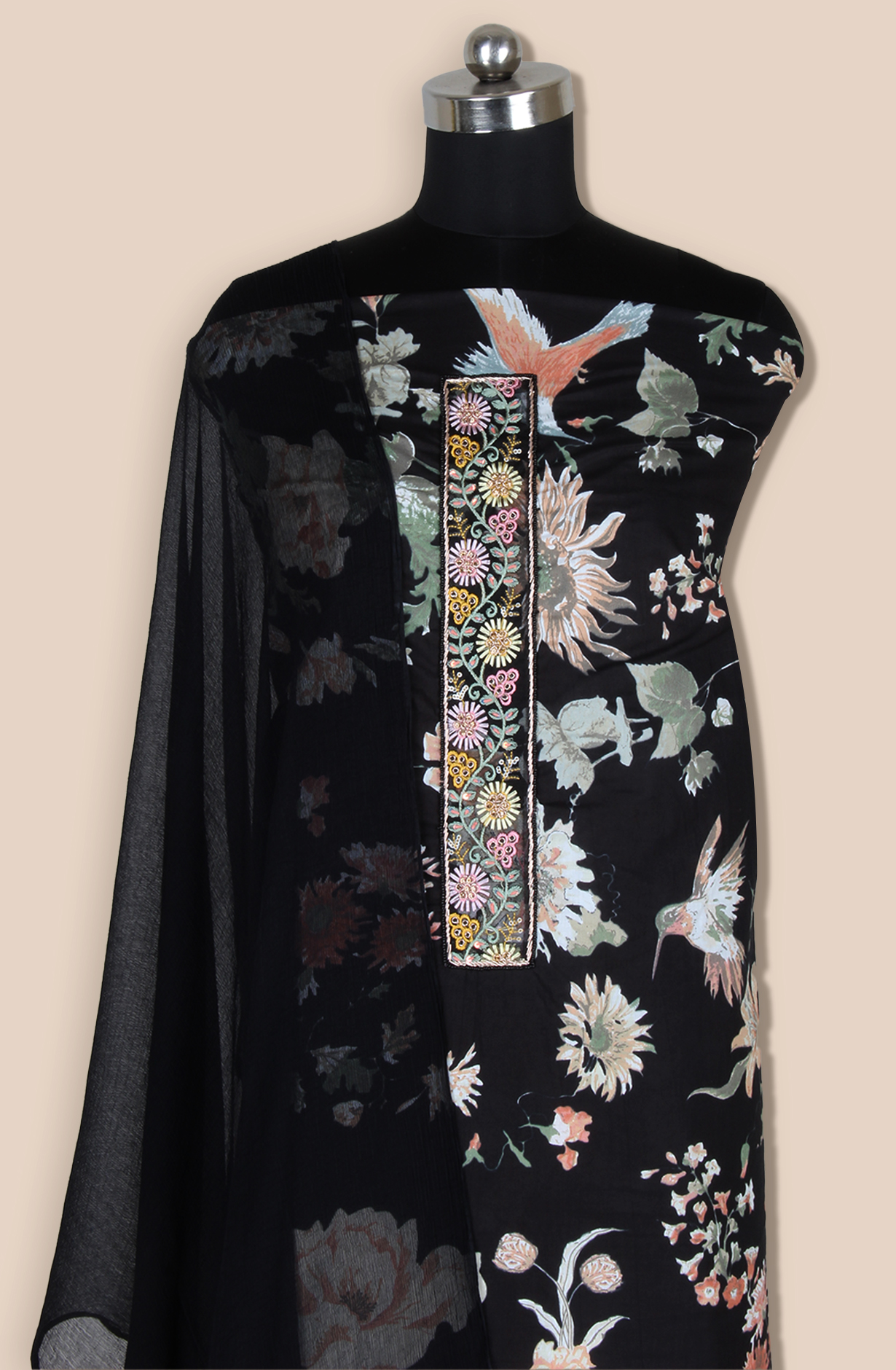 Black Cotton Unstitched Printed Suit with Chiffon Dupatta - 693-CP10691