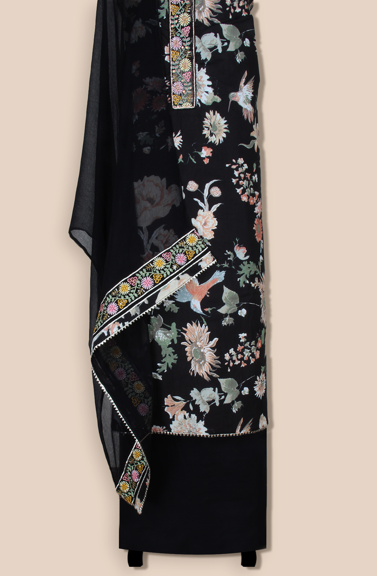 Black Cotton Unstitched Printed Suit with Chiffon Dupatta - 693-CP10691