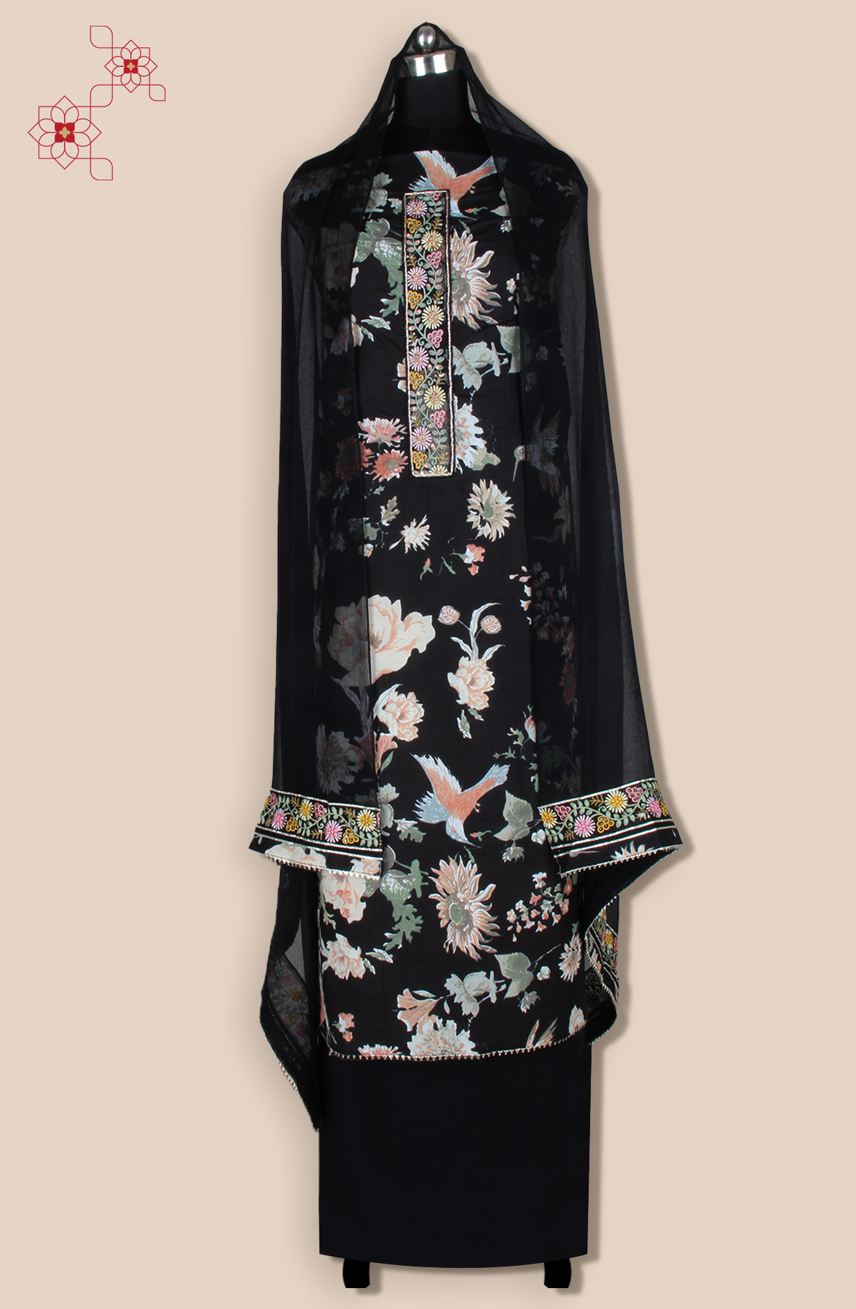 Black Cotton Unstitched Printed Suit with Chiffon Dupatta - 693-CP10691