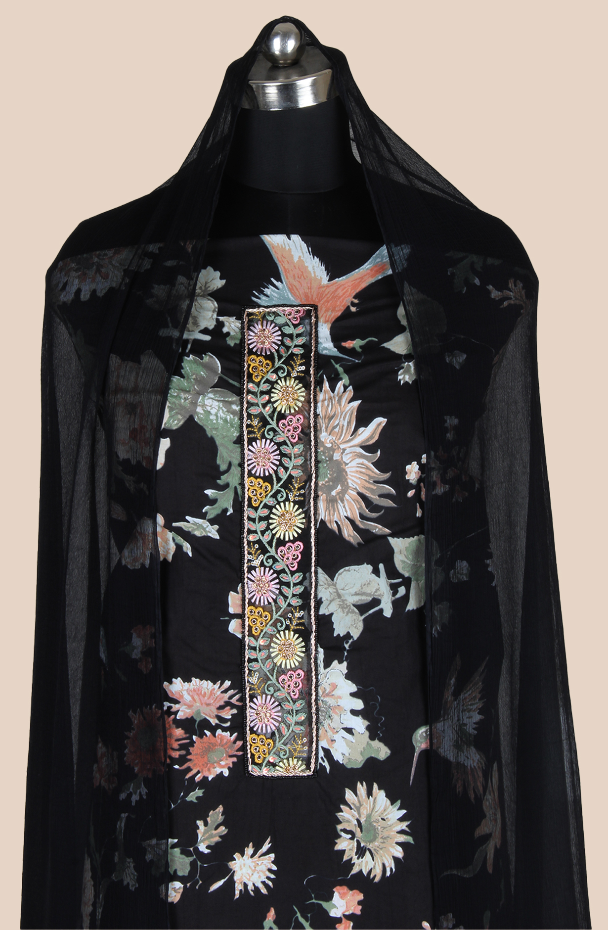 Black Cotton Unstitched Printed Suit with Chiffon Dupatta - 693-CP10691