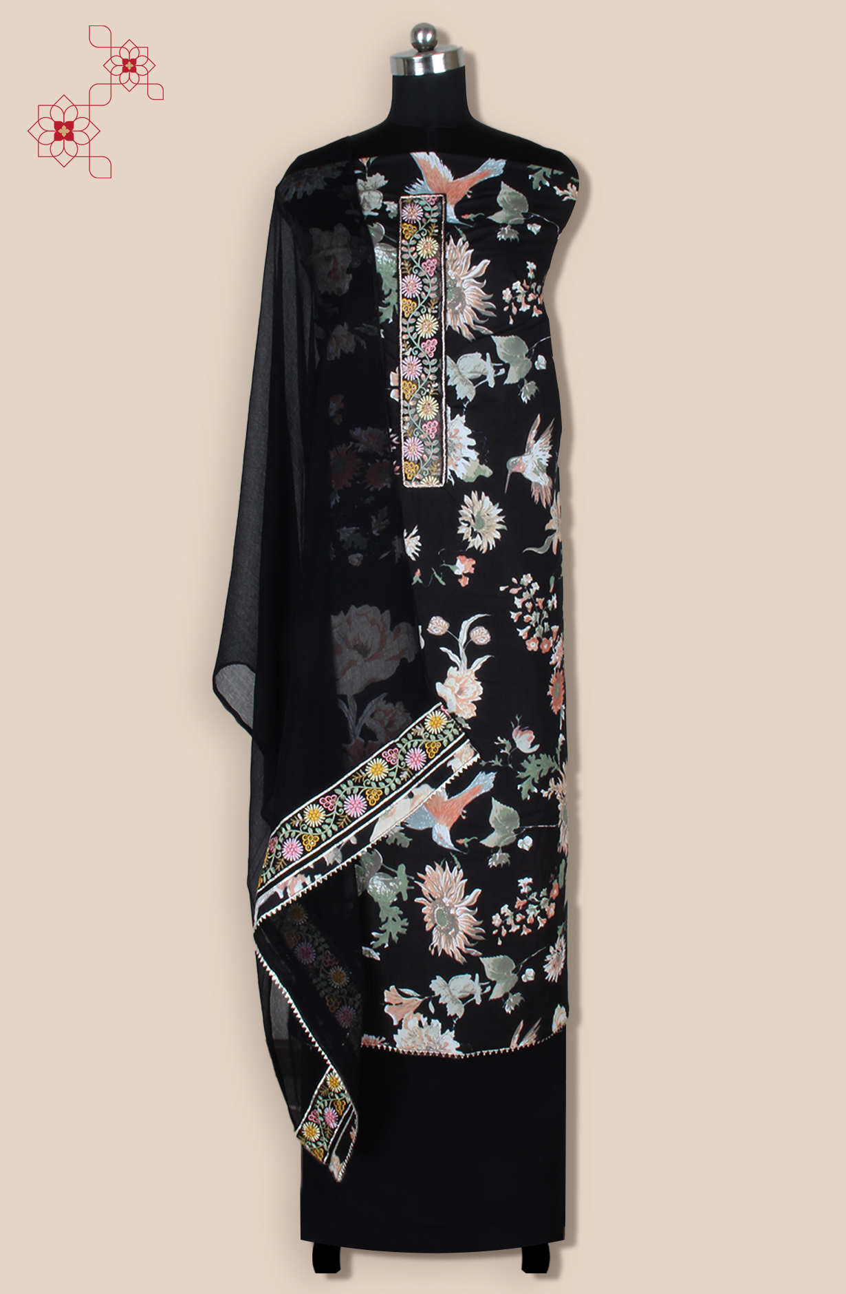 Black Cotton Unstitched Printed Suit with Chiffon Dupatta - 693-CP10691