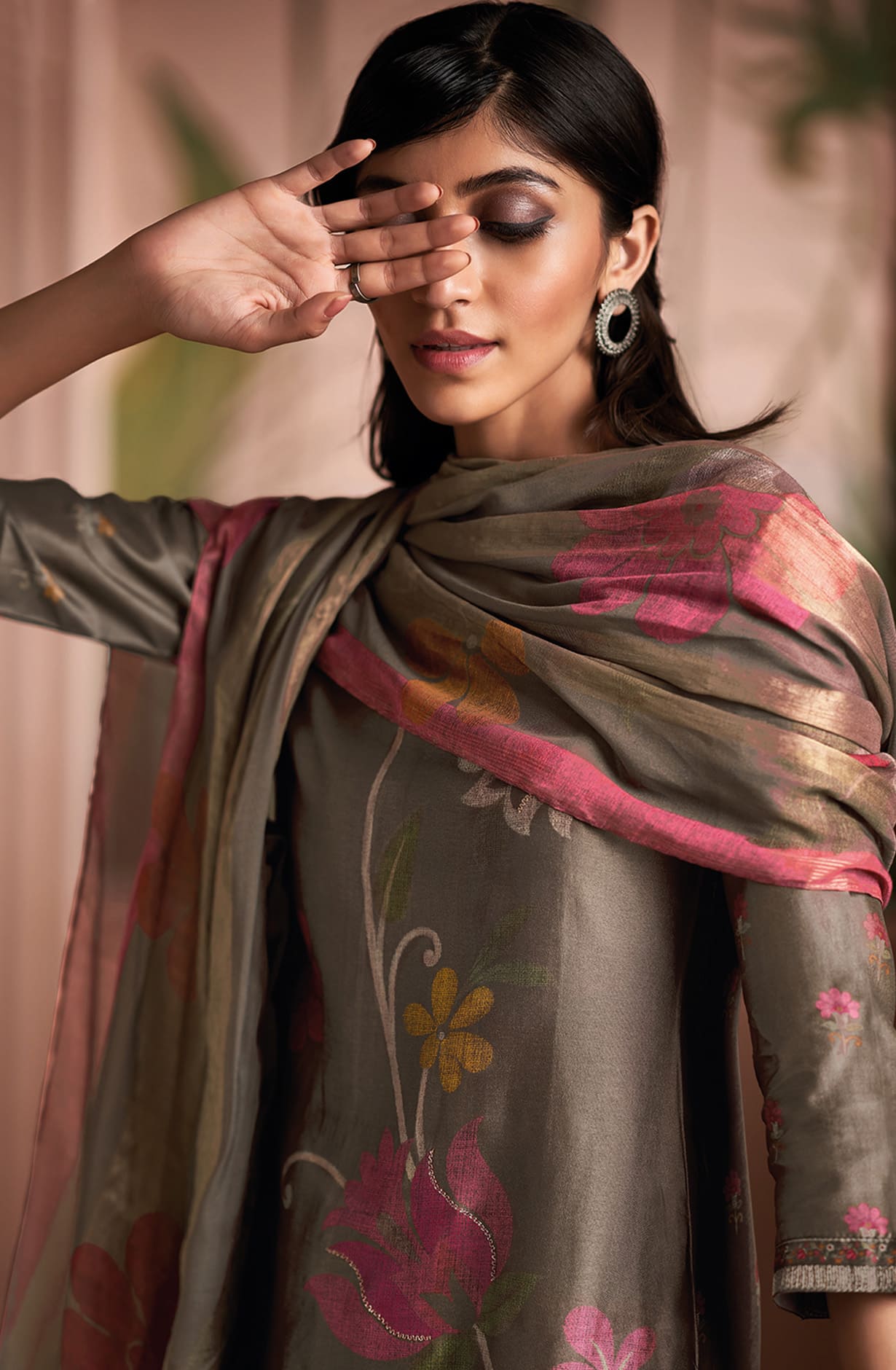 Brown Silk Digital Printed Salwar Kameez Suit-set - SHAC1135