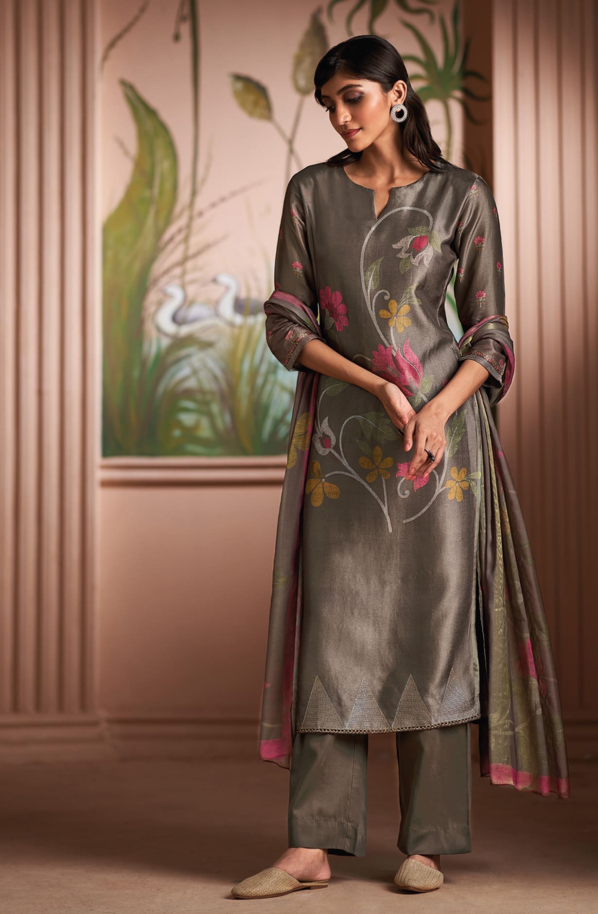 Brown Silk Digital Printed Salwar Kameez Suit-set - SHAC1135