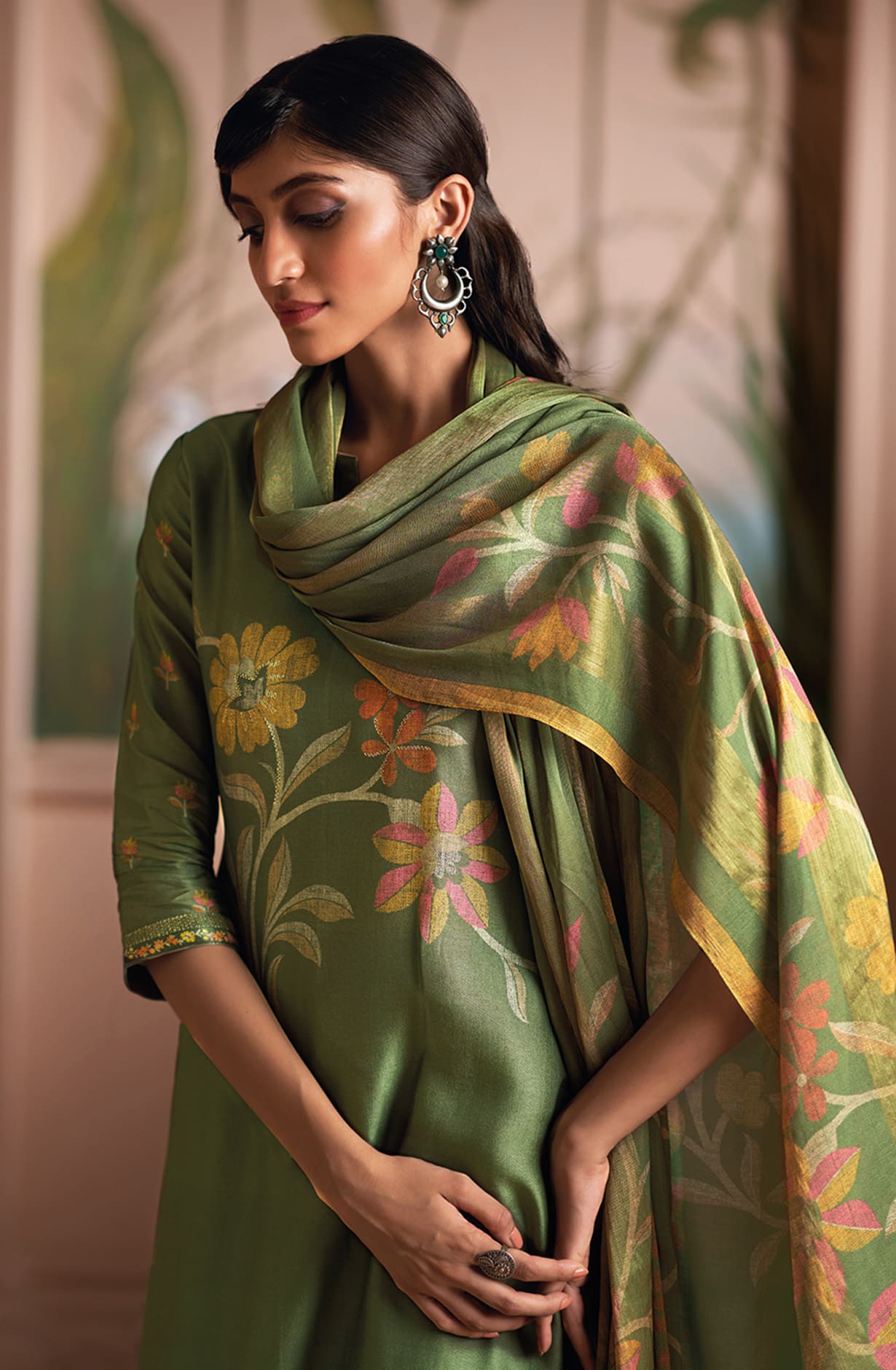 Mehndi Green Silk Digital Printed Salwar Kameez Suit-set - SHAC1137