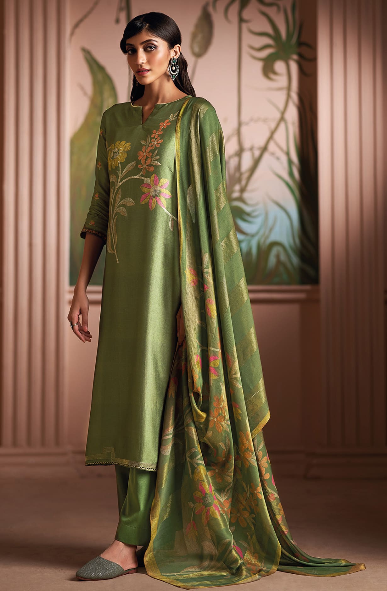 Mehndi Green Silk Digital Printed Salwar Kameez Suit-set - SHAC1137