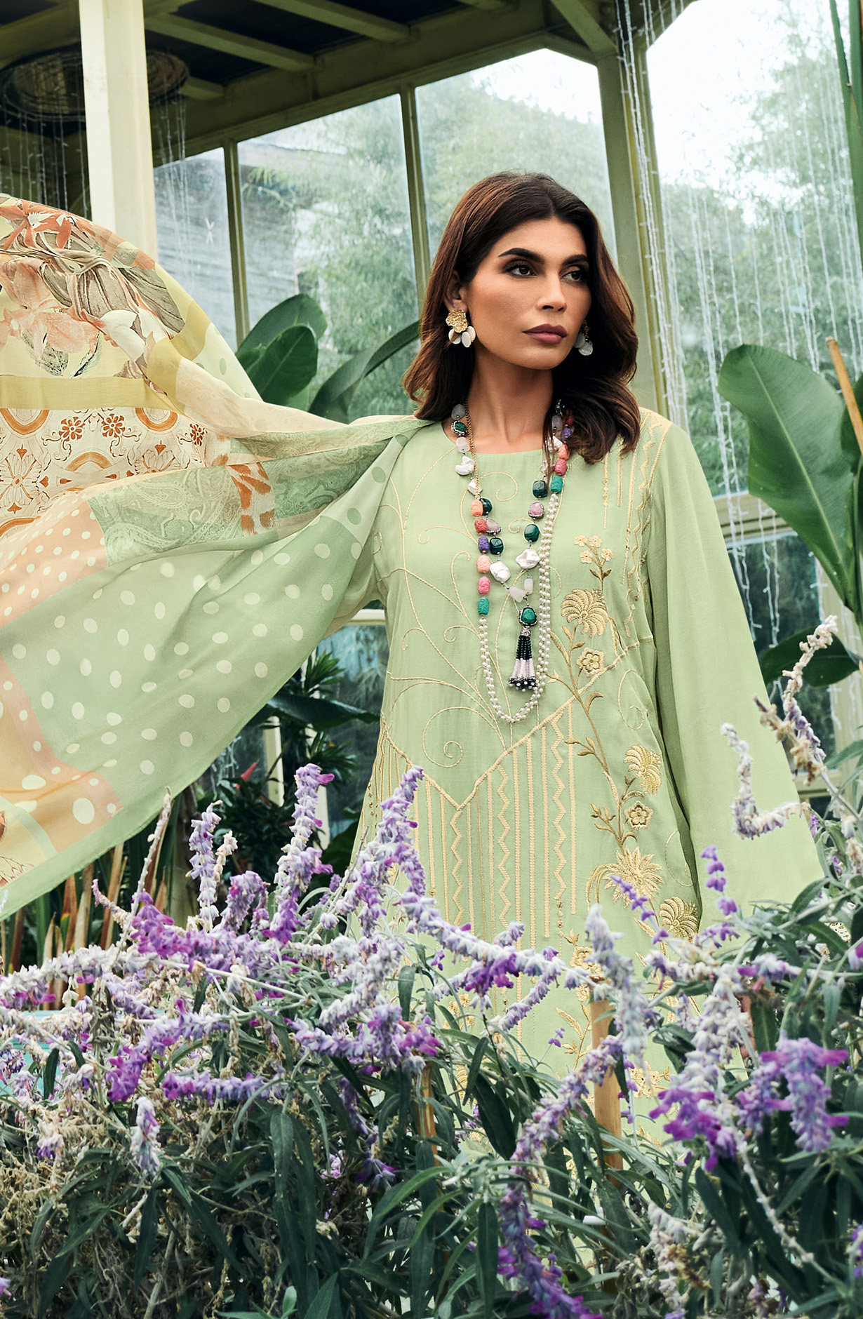 Sea Green Festive Wear Muslin Embroidered Suit with Satin Silk Dupatta - PRIN02