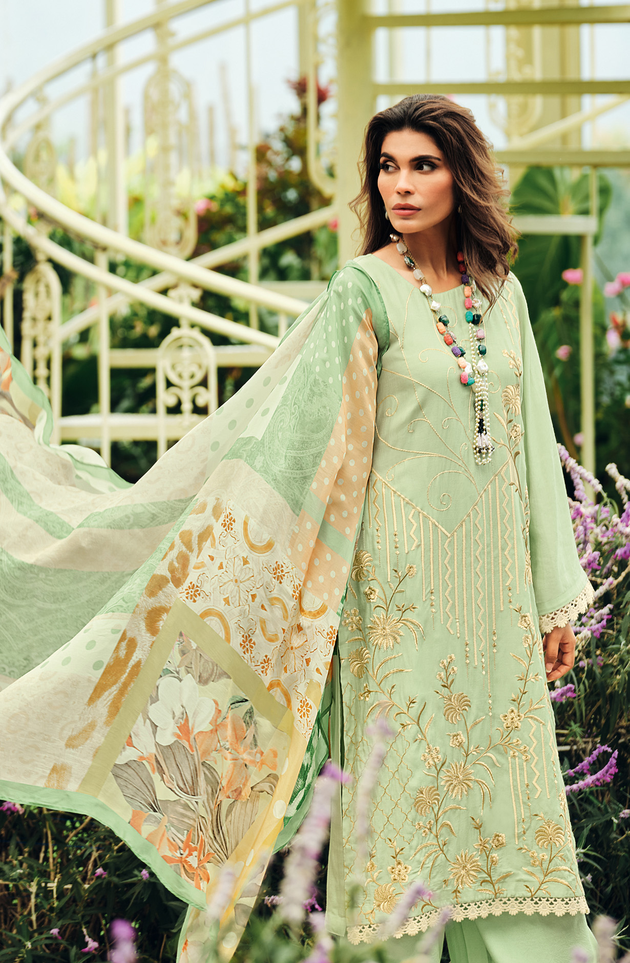 Sea Green Festive Wear Muslin Embroidered Suit with Satin Silk Dupatta - PRIN02