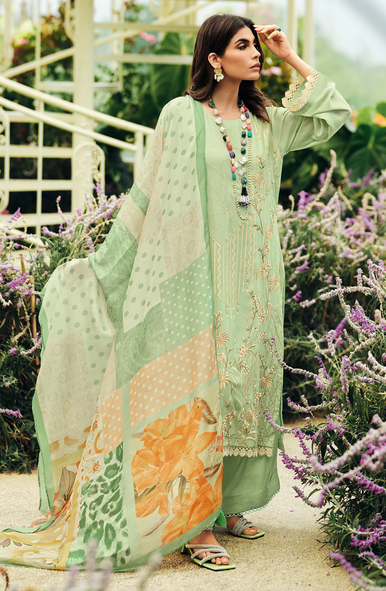 Sea Green Festive Wear Muslin Embroidered Suit with Satin Silk Dupatta - PRIN02