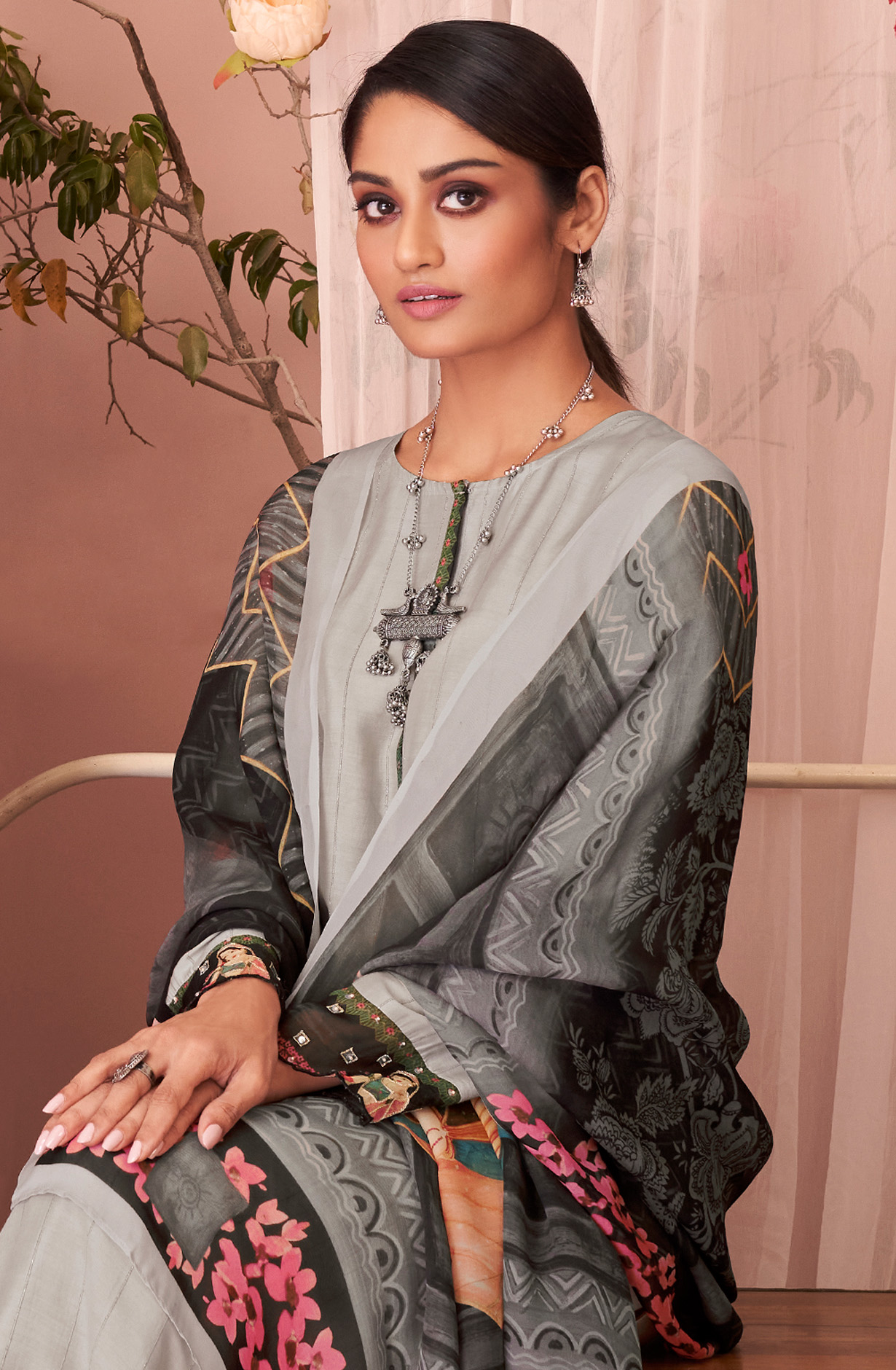 Grey Beautiful Muslin Unstitched Salwar Suit with Organza Dupatta - HAS993
