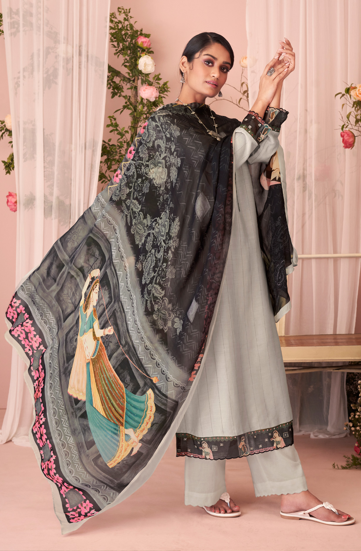 Grey Beautiful Muslin Unstitched Salwar Suit with Organza Dupatta - HAS993