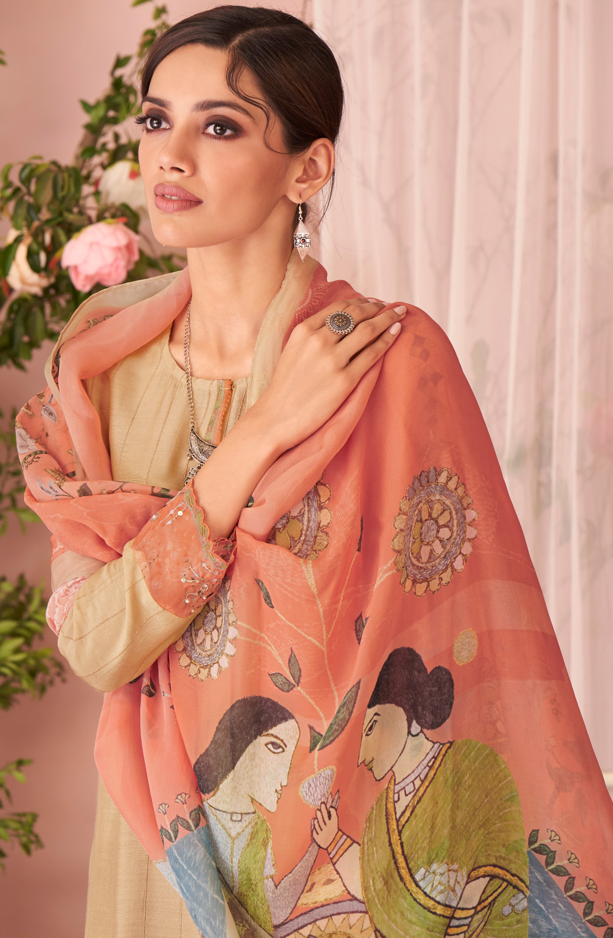 Beige Beautiful Muslin Unstitched Salwar Suit with Organza Dupatta - HAS924