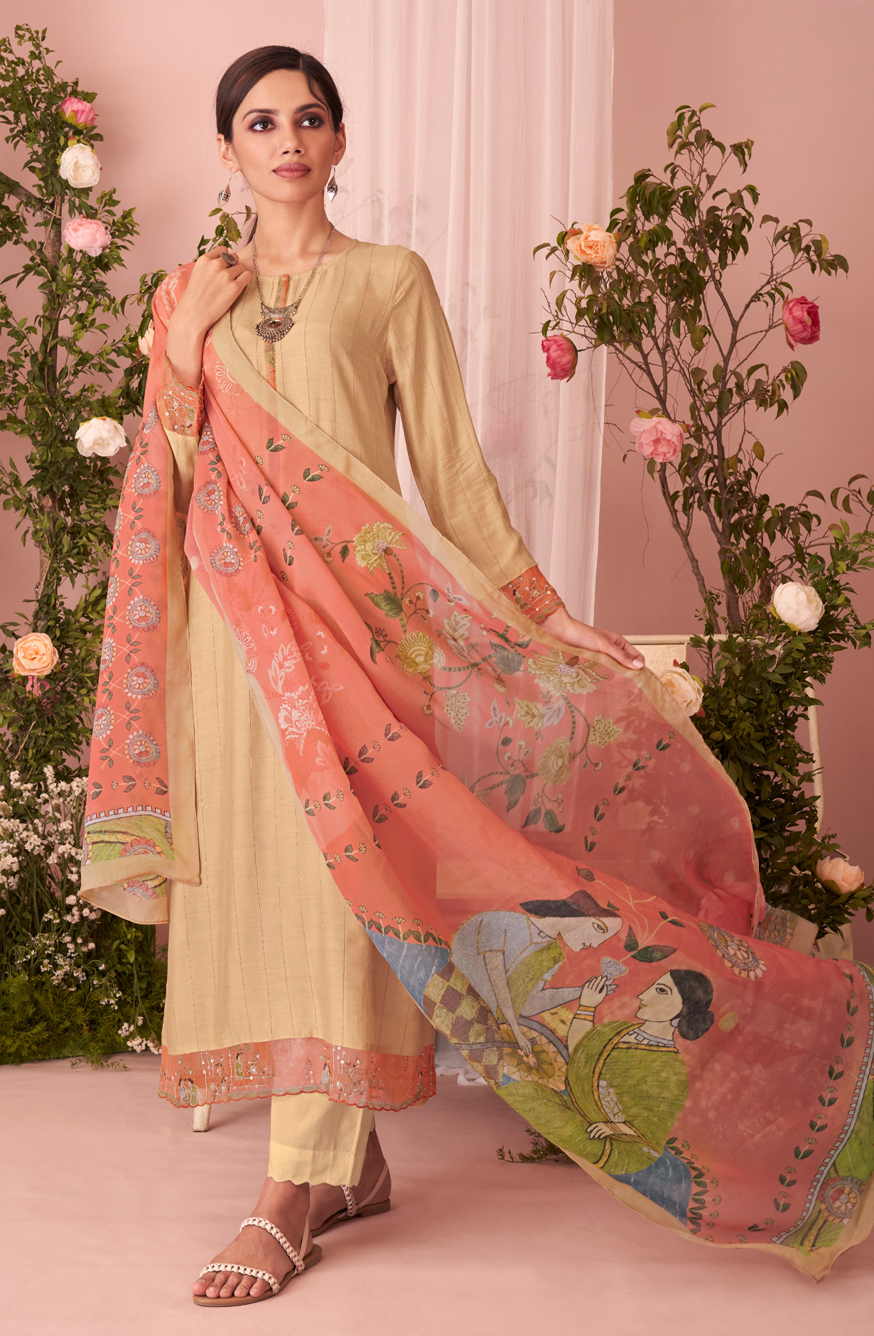 Beige Beautiful Muslin Unstitched Salwar Suit with Organza Dupatta - HAS924