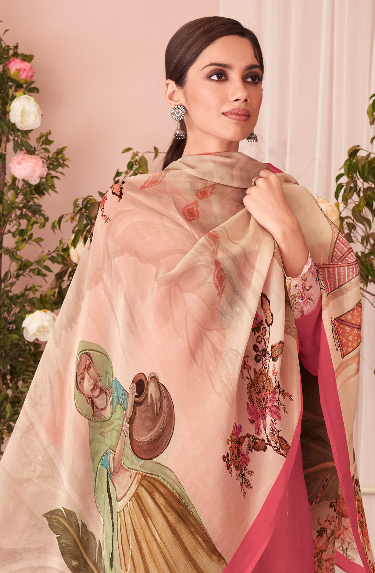 Pink Beautiful Muslin Unstitched Salwar Suit with Organza Dupatta - HAS936