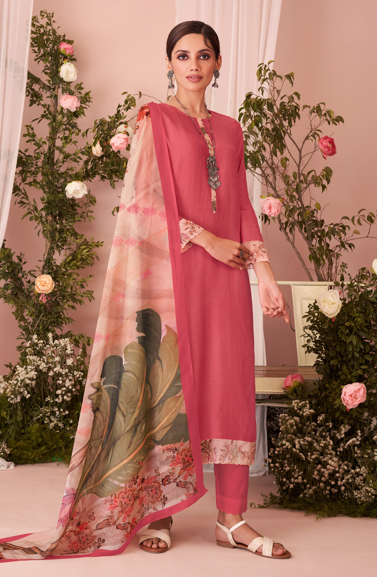 Pink Beautiful Muslin Unstitched Salwar Suit with Organza Dupatta - HAS936
