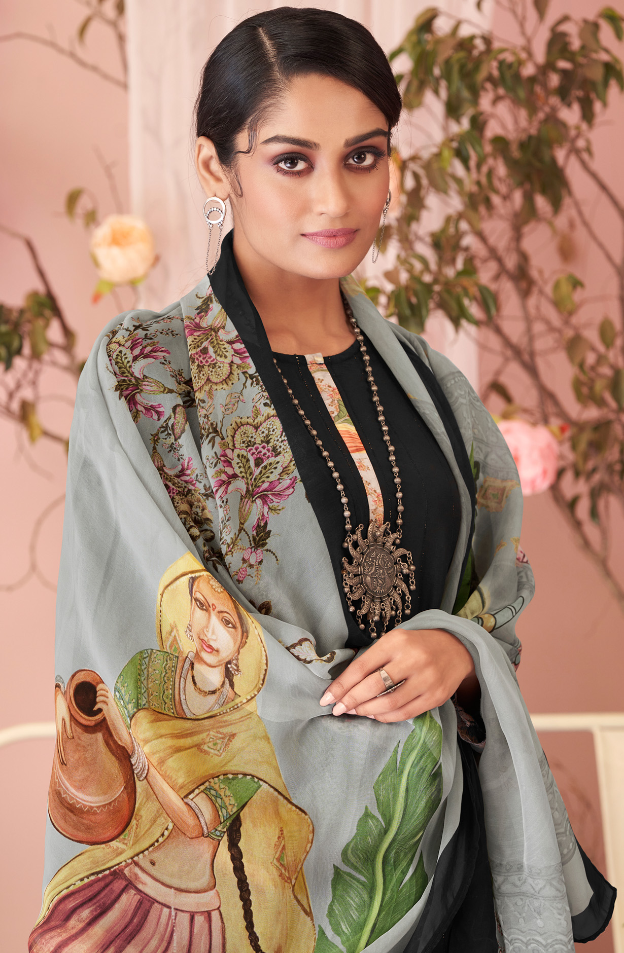 Black Beautiful Muslin Unstitched Salwar Suit with Organza Dupatta - HAS985