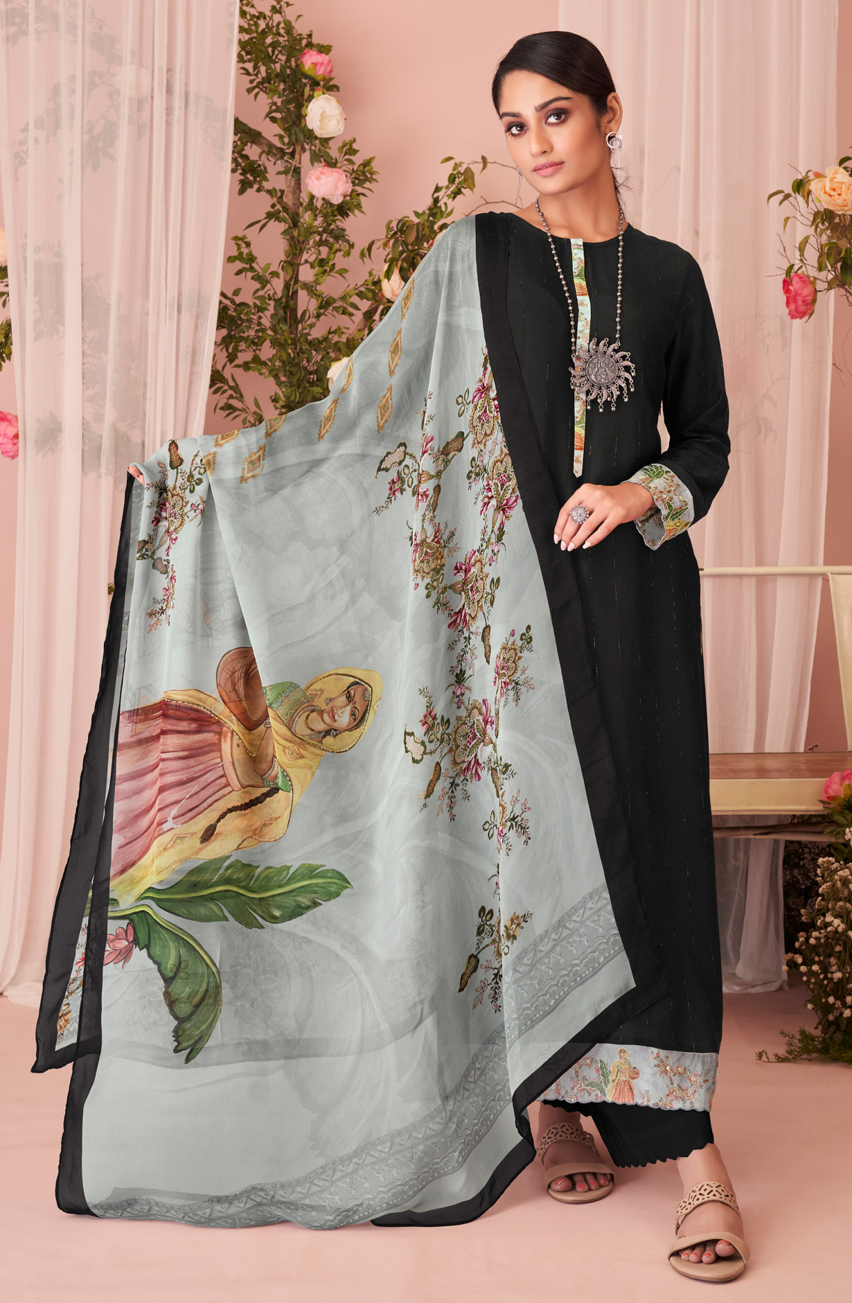 Black Beautiful Muslin Unstitched Salwar Suit with Organza Dupatta - HAS985