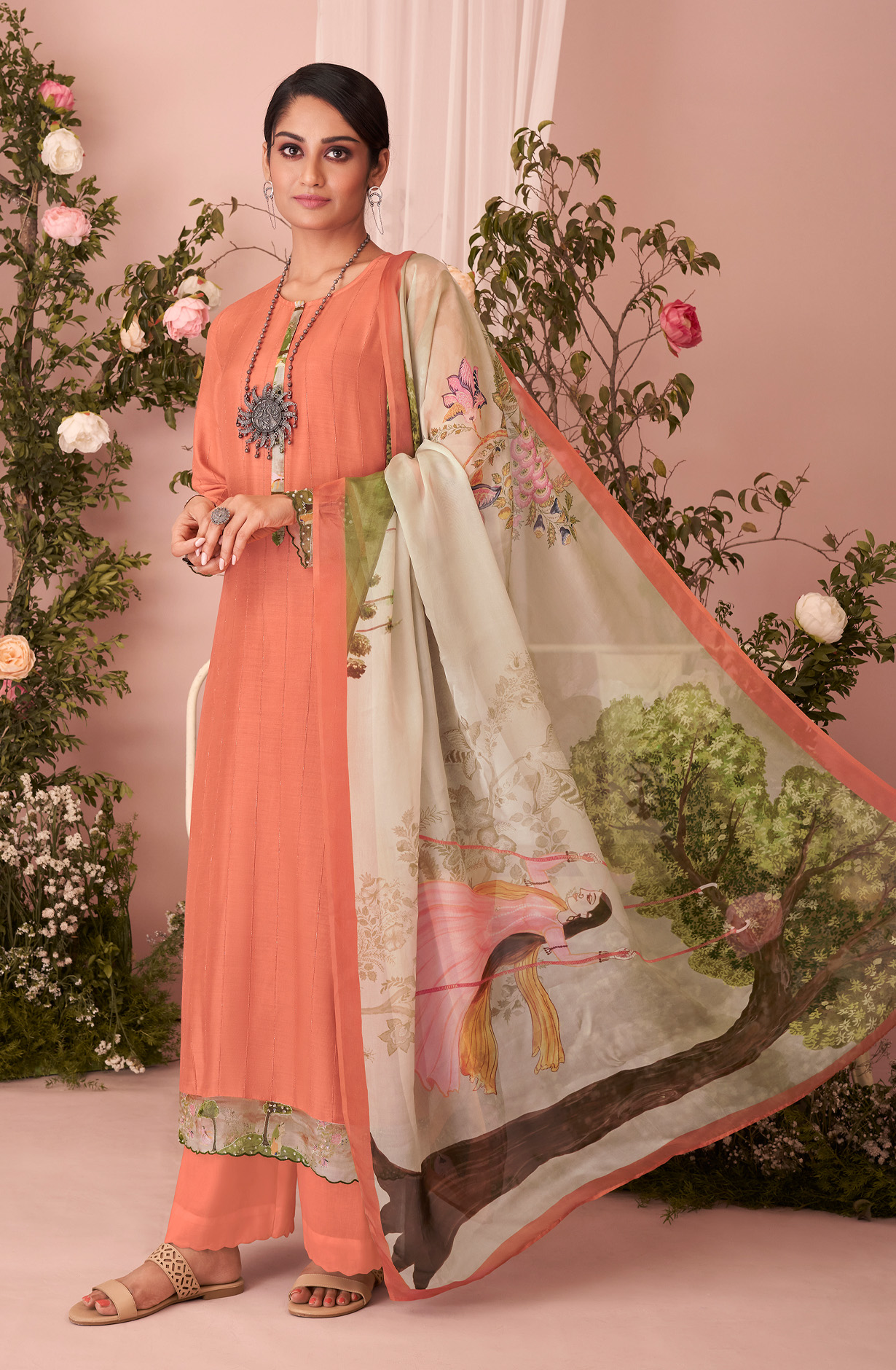 Orange Beautiful Muslin Unstitched Salwar Suit with Organza Dupatta - HAS920