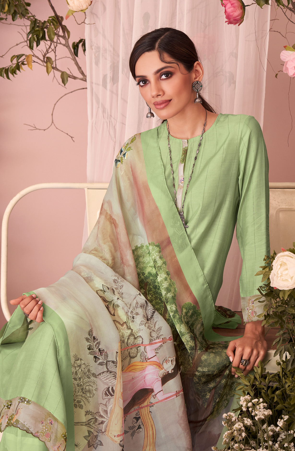 Parrot Green Beautiful Muslin Unstitched Salwar Suit with Organza Dupatta - HAS965