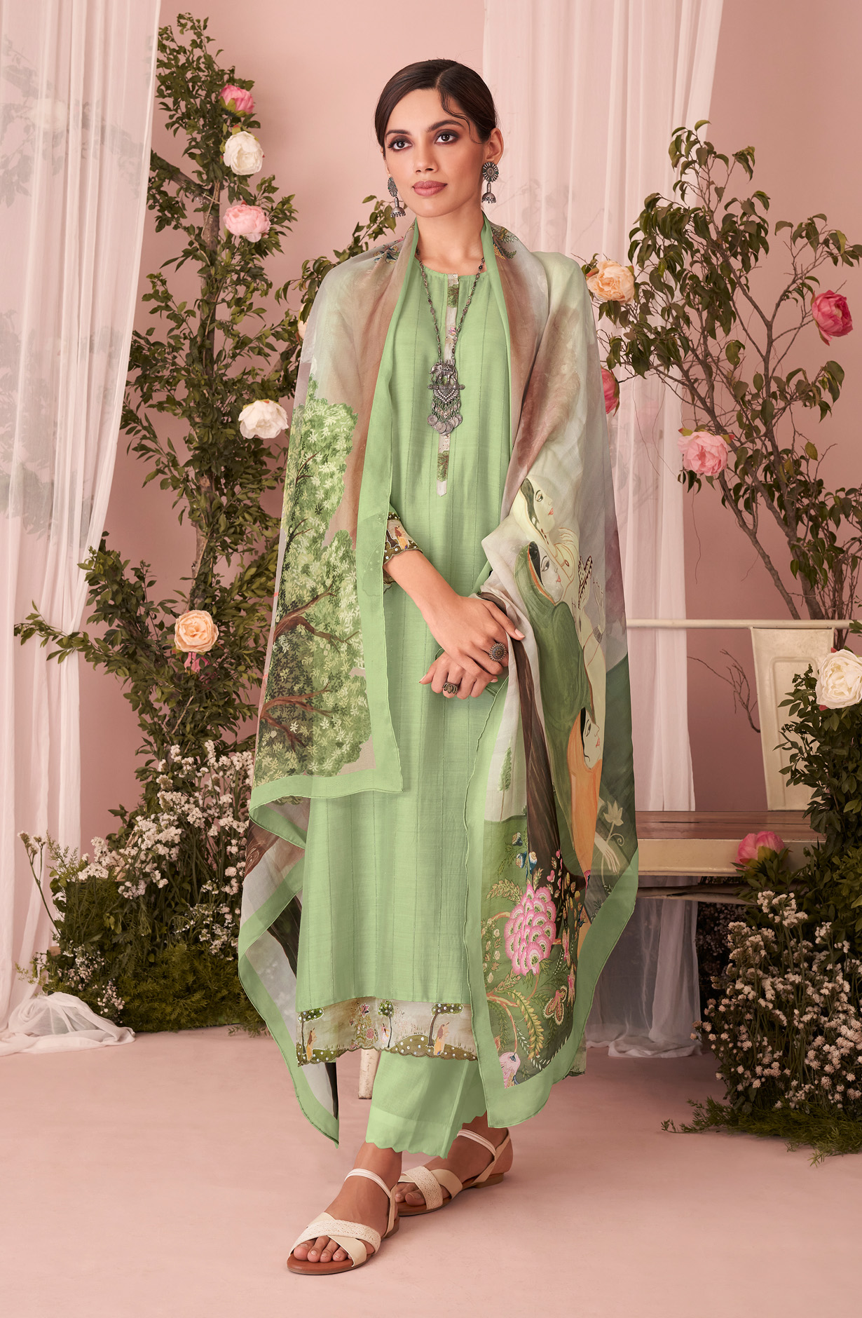 Parrot Green Beautiful Muslin Unstitched Salwar Suit with Organza Dupatta - HAS965