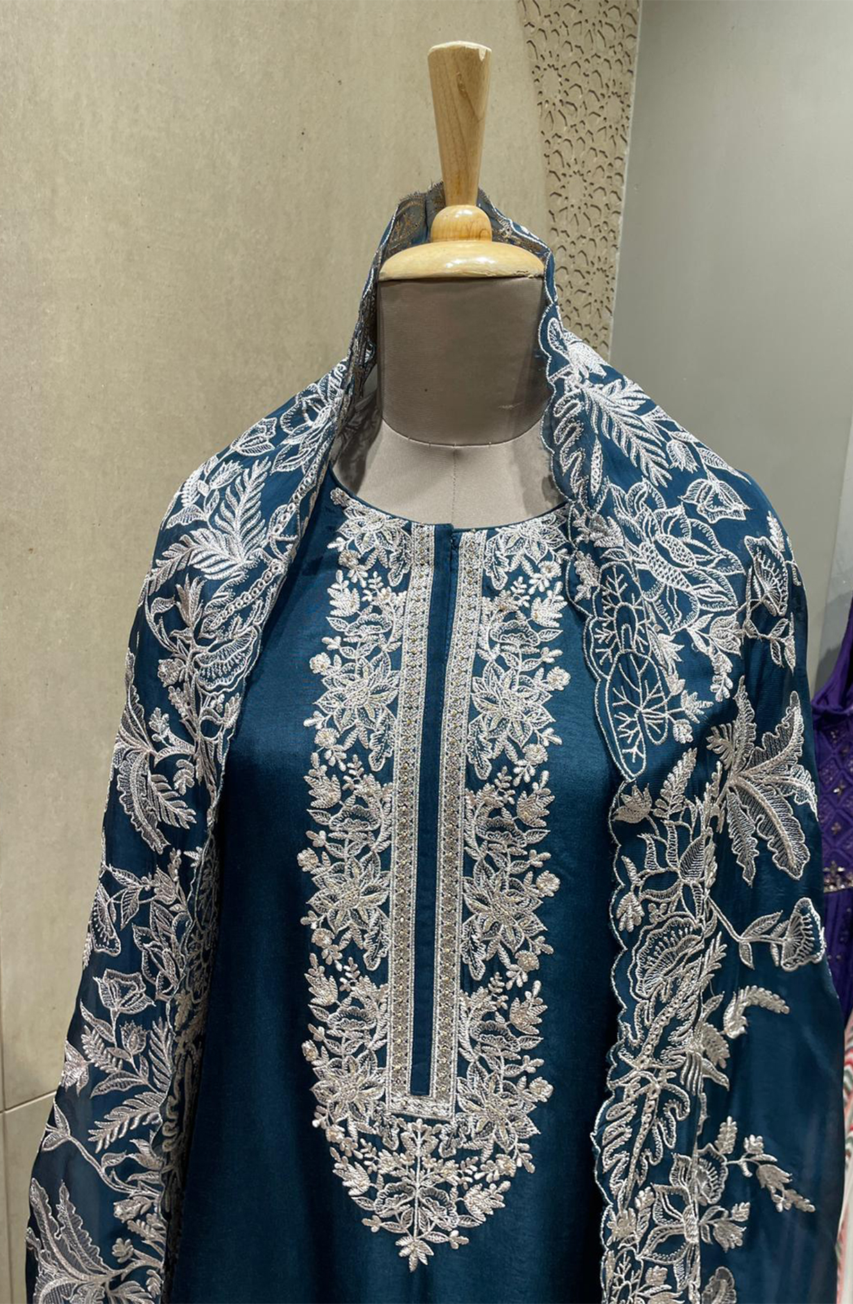 Blue Beautiful Silk Embroidered Salwar Kameez with Organza Dupatta - R157-SPR1975