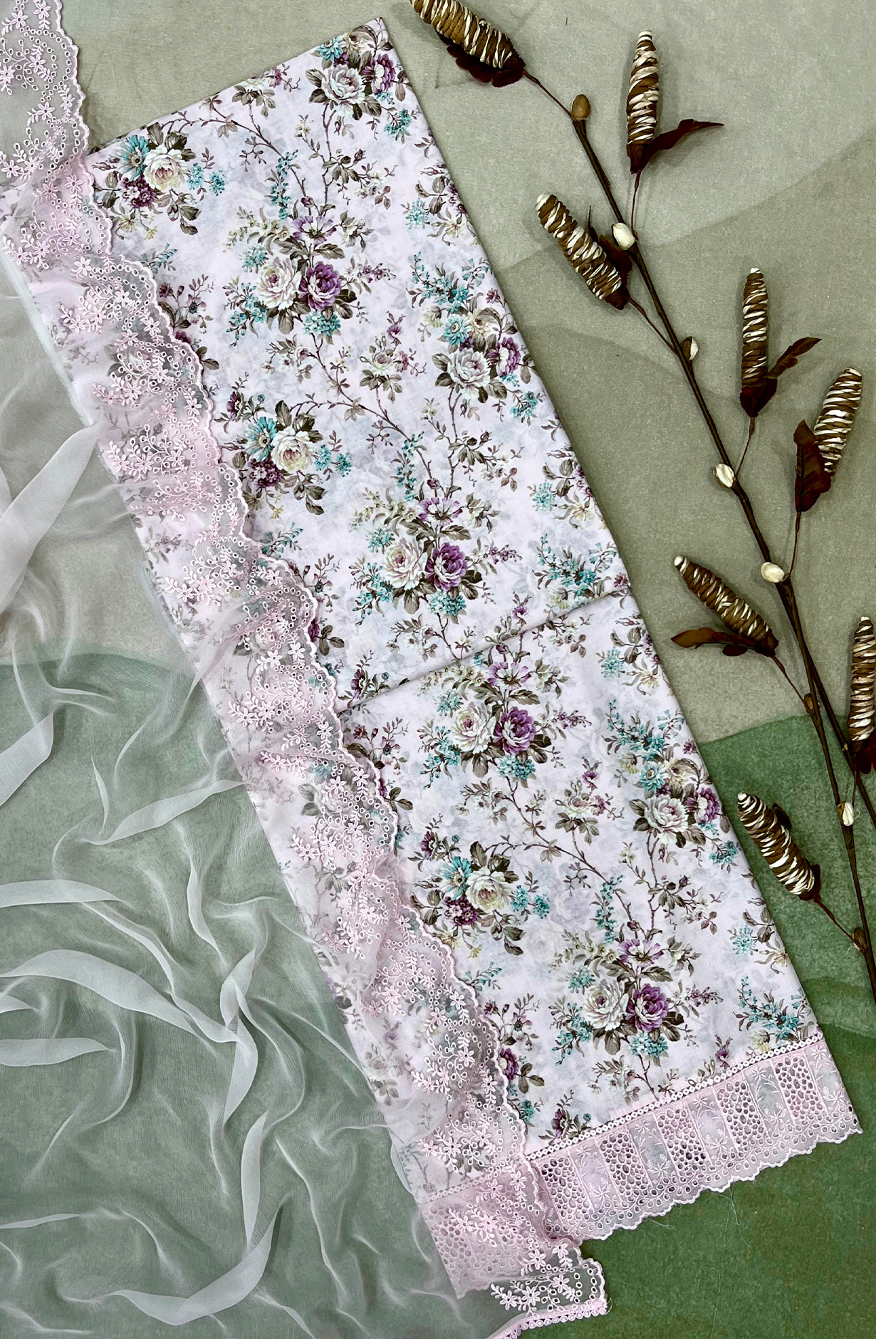 Baby Pink Exclusive Cotton Digital Print Unstitched Suit with Chiffon Dupatta - TAN2267C