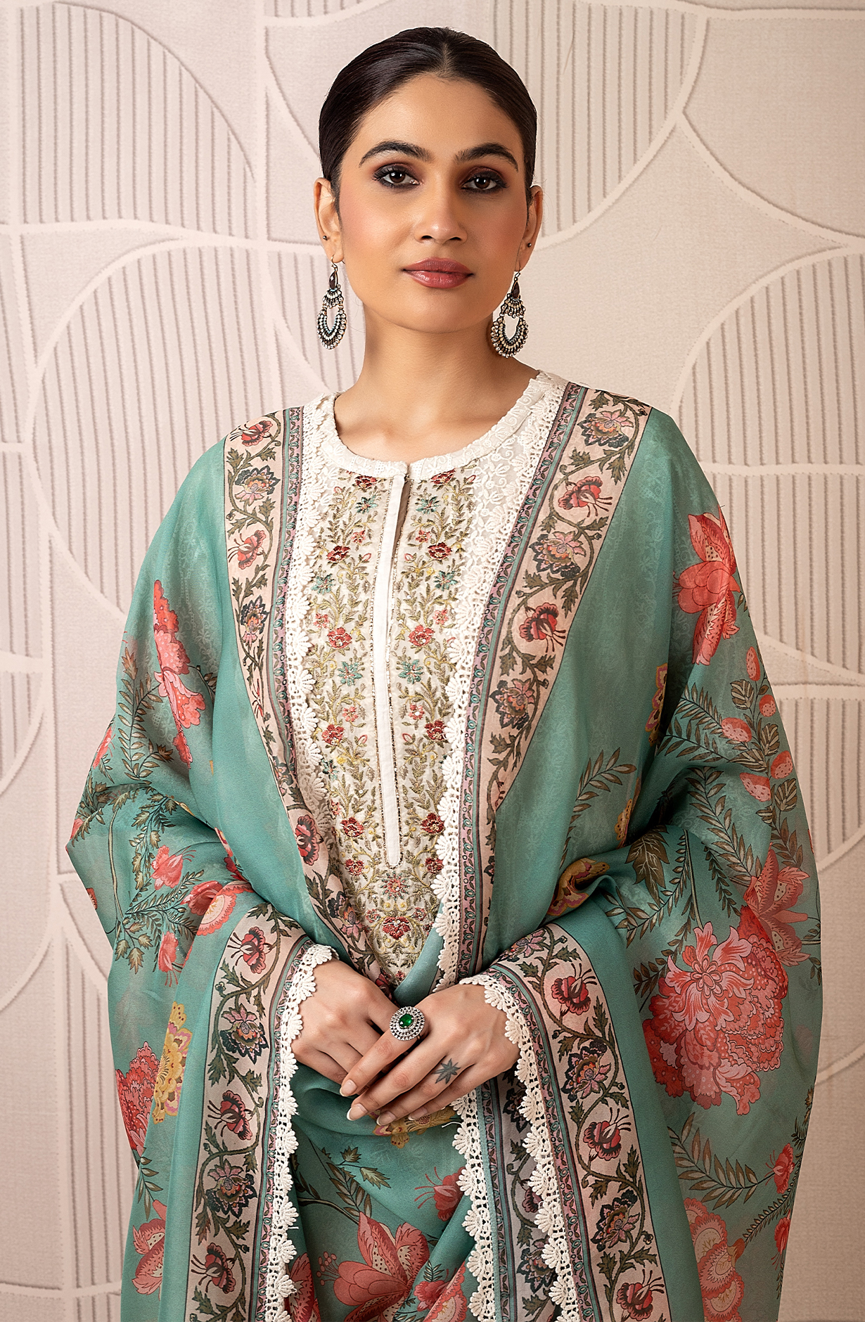 Cream Exclusive Pure Chiffon Chikankari Embroidered Suit with Organza Dupatta - ZAC2223