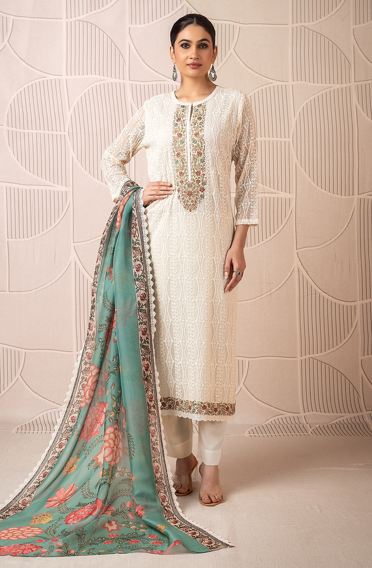 Cream Exclusive Pure Chiffon Chikankari Embroidered Suit with Organza Dupatta - ZAC2223