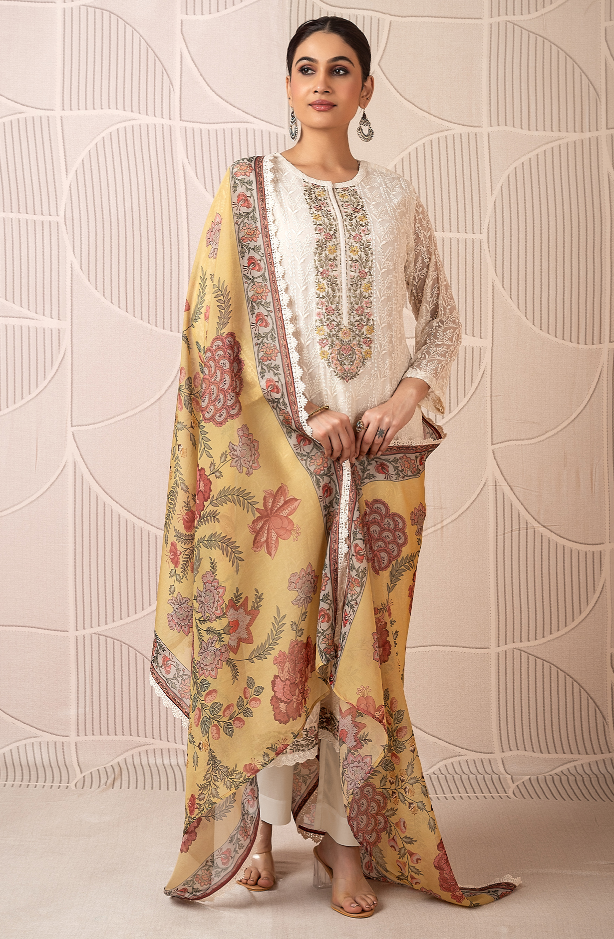 Cream Exclusive Pure Chiffon Chikankari Embroidered Suit with Organza Dupatta - ZAC2224