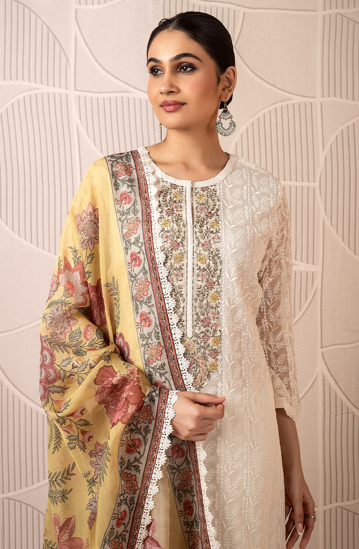 Cream Exclusive Pure Chiffon Chikankari Embroidered Suit with Organza Dupatta - ZAC2224