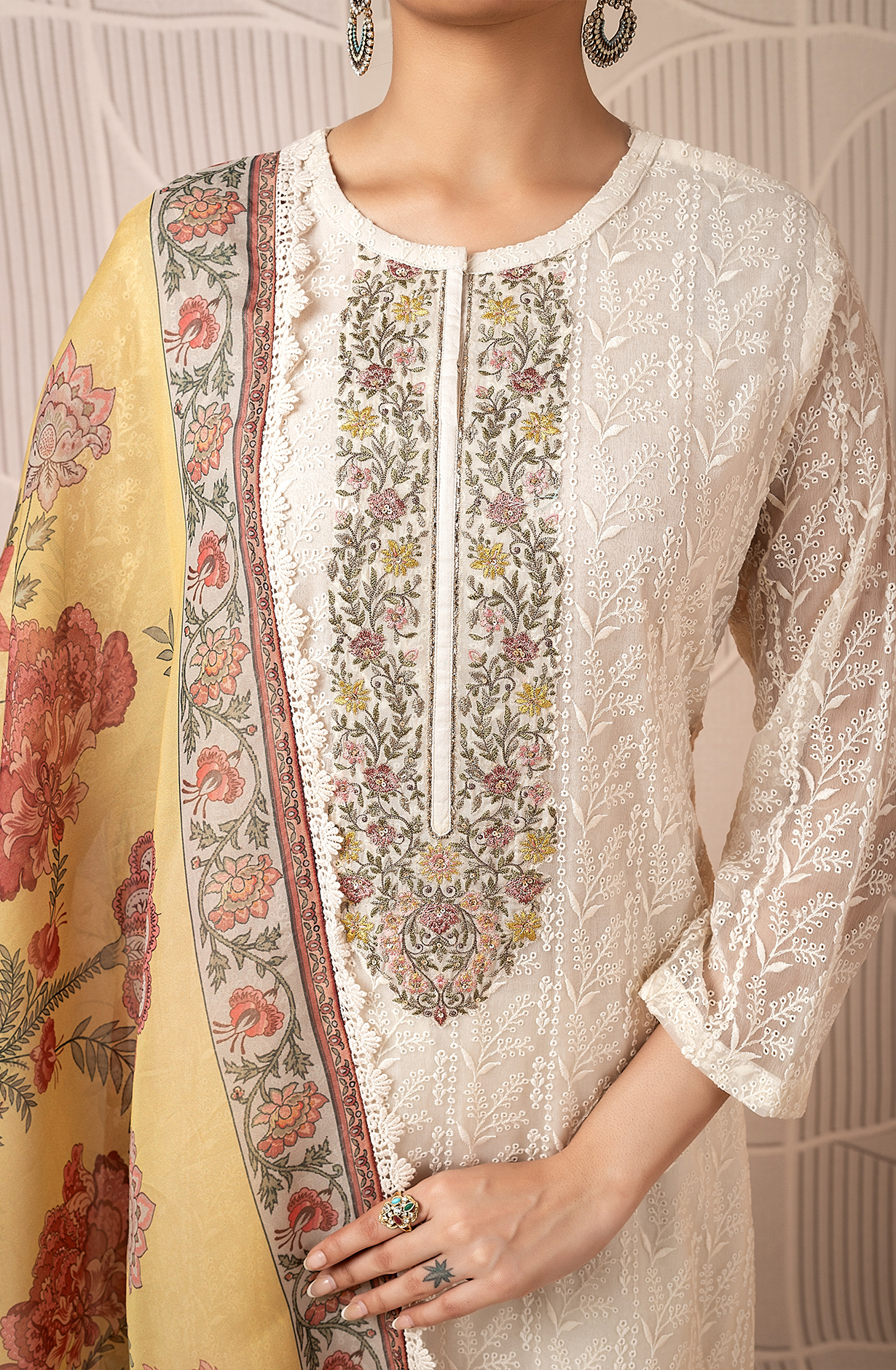 Cream Exclusive Pure Chiffon Chikankari Embroidered Suit with Organza Dupatta - ZAC2224