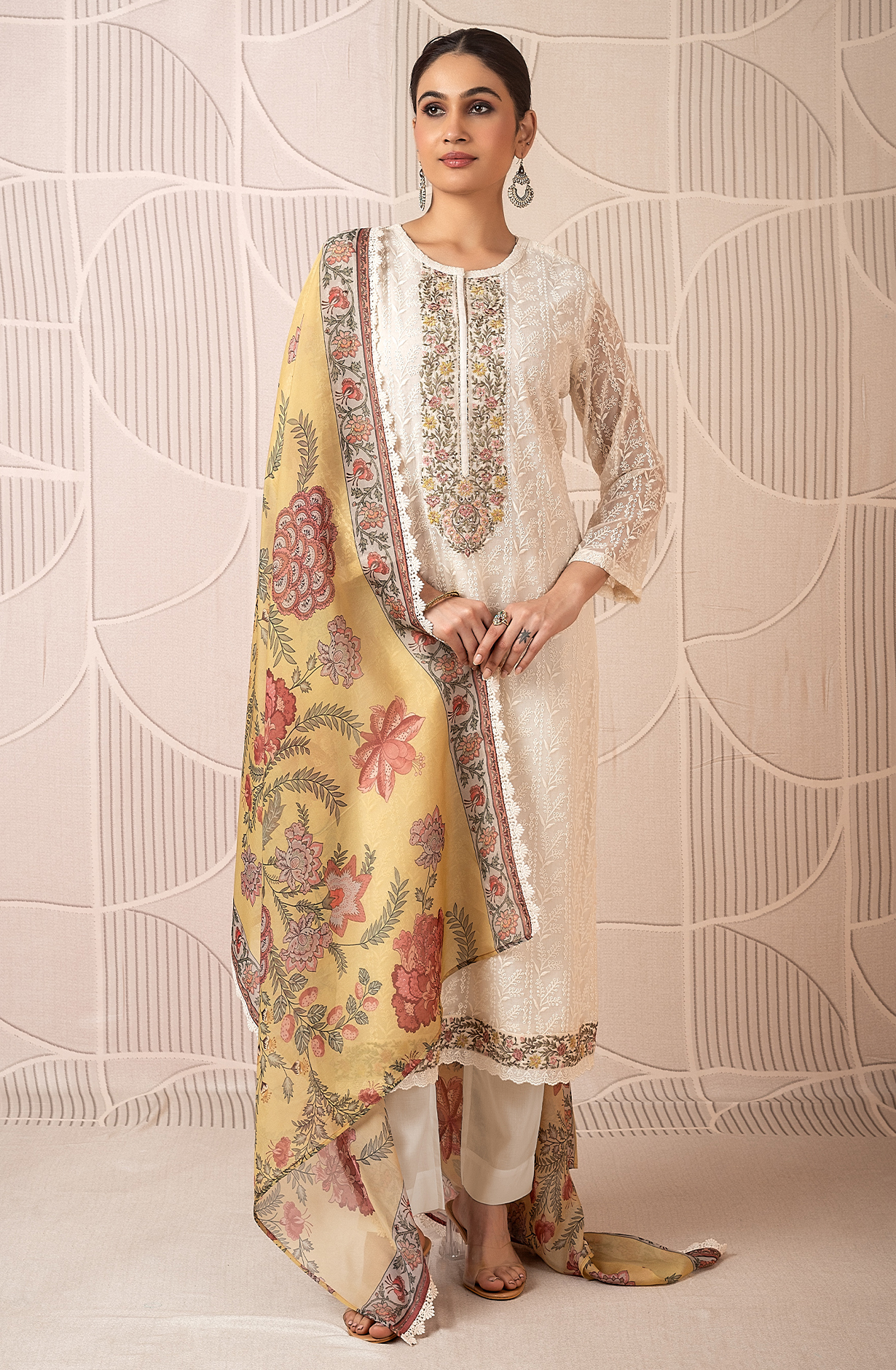 Cream Exclusive Pure Chiffon Chikankari Embroidered Suit with Organza Dupatta - ZAC2224