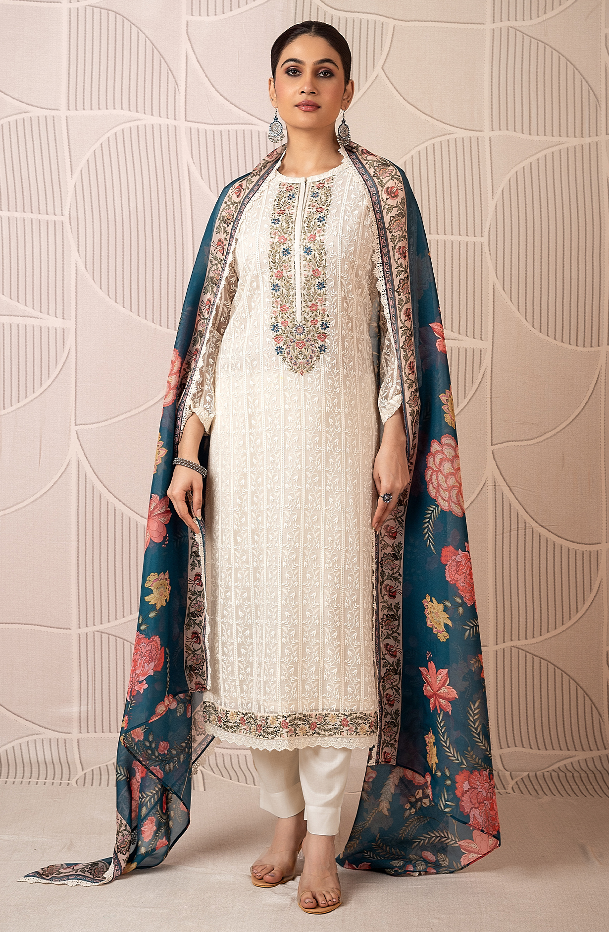 Cream Exclusive Pure Chiffon Chikankari Embroidered Suit with Organza Dupatta - ZAC2225